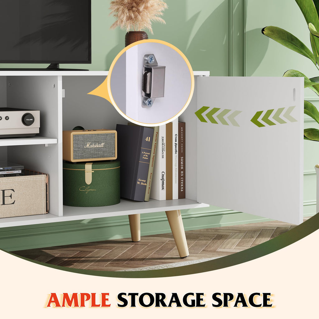 Wlive Tv Stand For 55 Inch Tvs, Entertainment Center With Storage Cabinet, Mid-Century Tv Stands For Living Room And Bedroom, 50' Tv Console, White