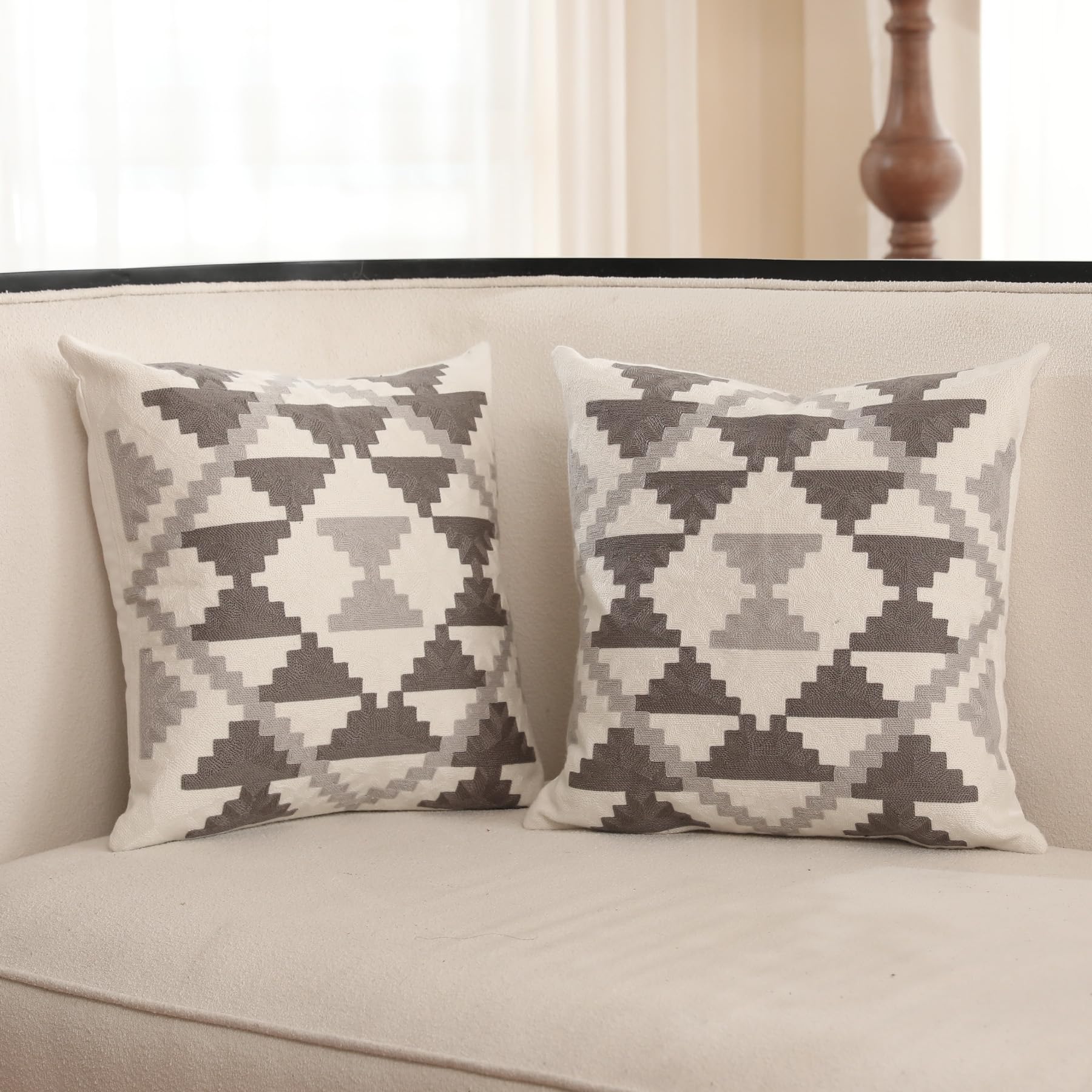 Ikatyarn Pack Of 2 Grey White Southwestern Embroidery Throw Pillow Cover, Boho Tribal Geometric Pillowcase, Modern Farmhouse Azt