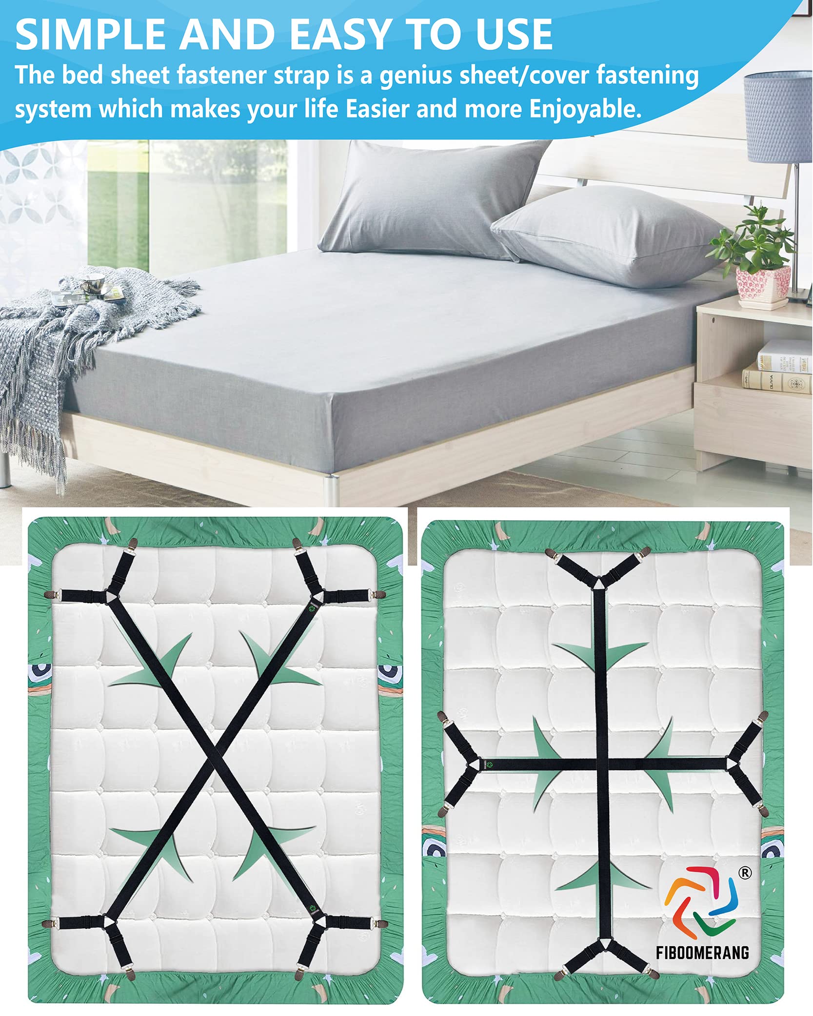 Fiboomerang Bed Sheet Straps - Crisscross Fitted Sheet Clips And Sheet Holder Elastic Bands Bedsheet Fasten Suspenders Grippers,