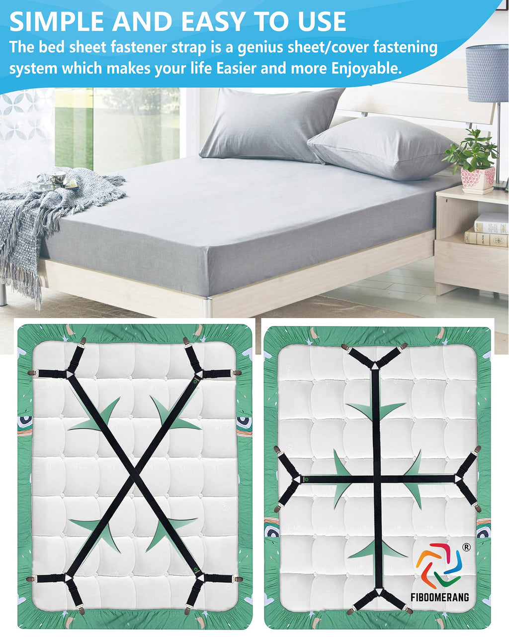 Fiboomerang Bed Sheet Straps - Crisscross Fitted Sheet Clips And Sheet Holder Elastic Bands Bedsheet Fasten Suspenders Grippers,