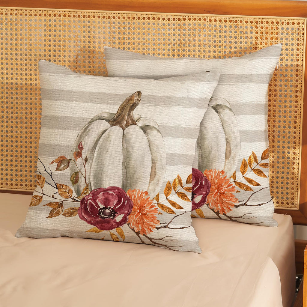 Gohdiwh Fall Pillow Covers 18X18 Set Of 2 Leaf Branch Floral Stripes White Pumpkin Pillowcase Fall Decor Outdoor Throw Pillow Co