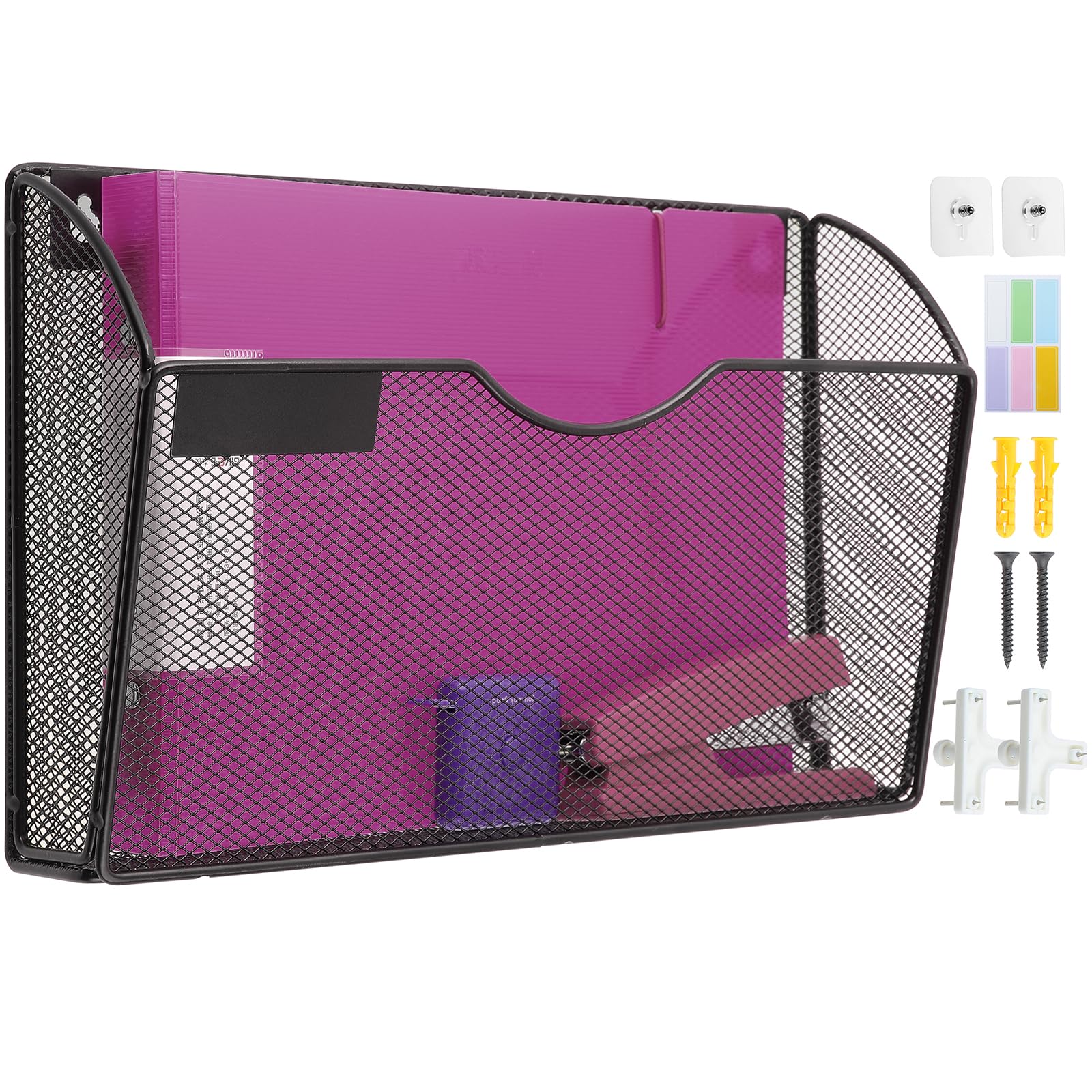 1 Pocket Mesh Wall File Holder Organizer Office Hanging File Folder Magazine Rack, Nametag Label Hooks Set Included (Black)