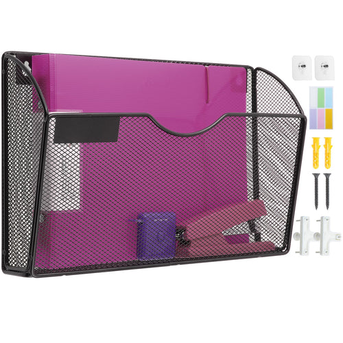 1 Pocket Mesh Wall File Holder Organizer Office Hanging File Folder Magazine Rack, Nametag Label Hooks Set Included (Black)