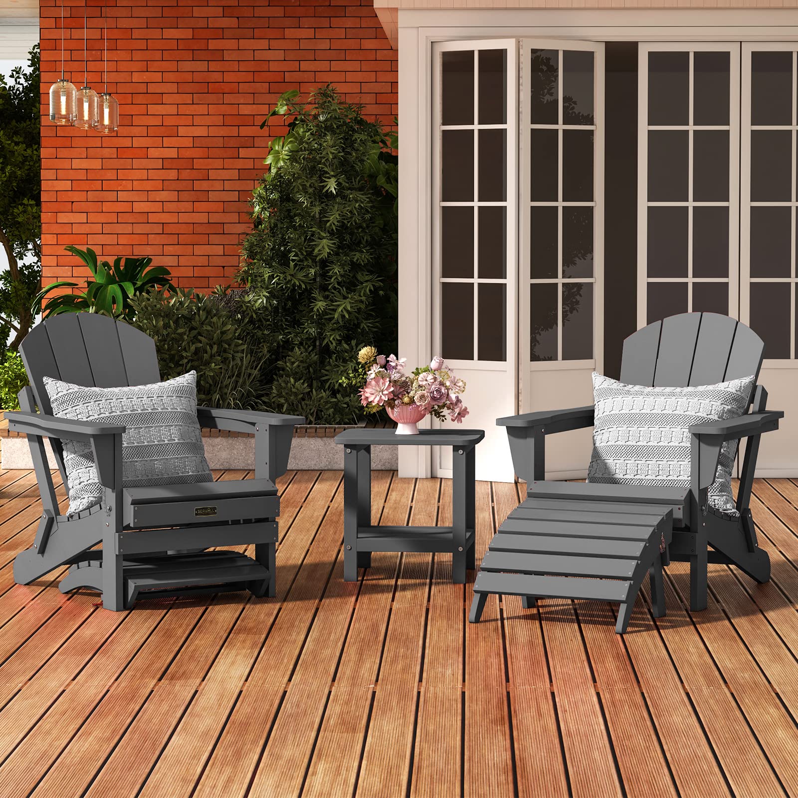 Serwall Folding Adirondack Ottoman For Adirondack Chair, No-Assembly Weather Resistance Outdoor Footstool, High Impact Polystyrene Folding Adirondack Footrest, Gray