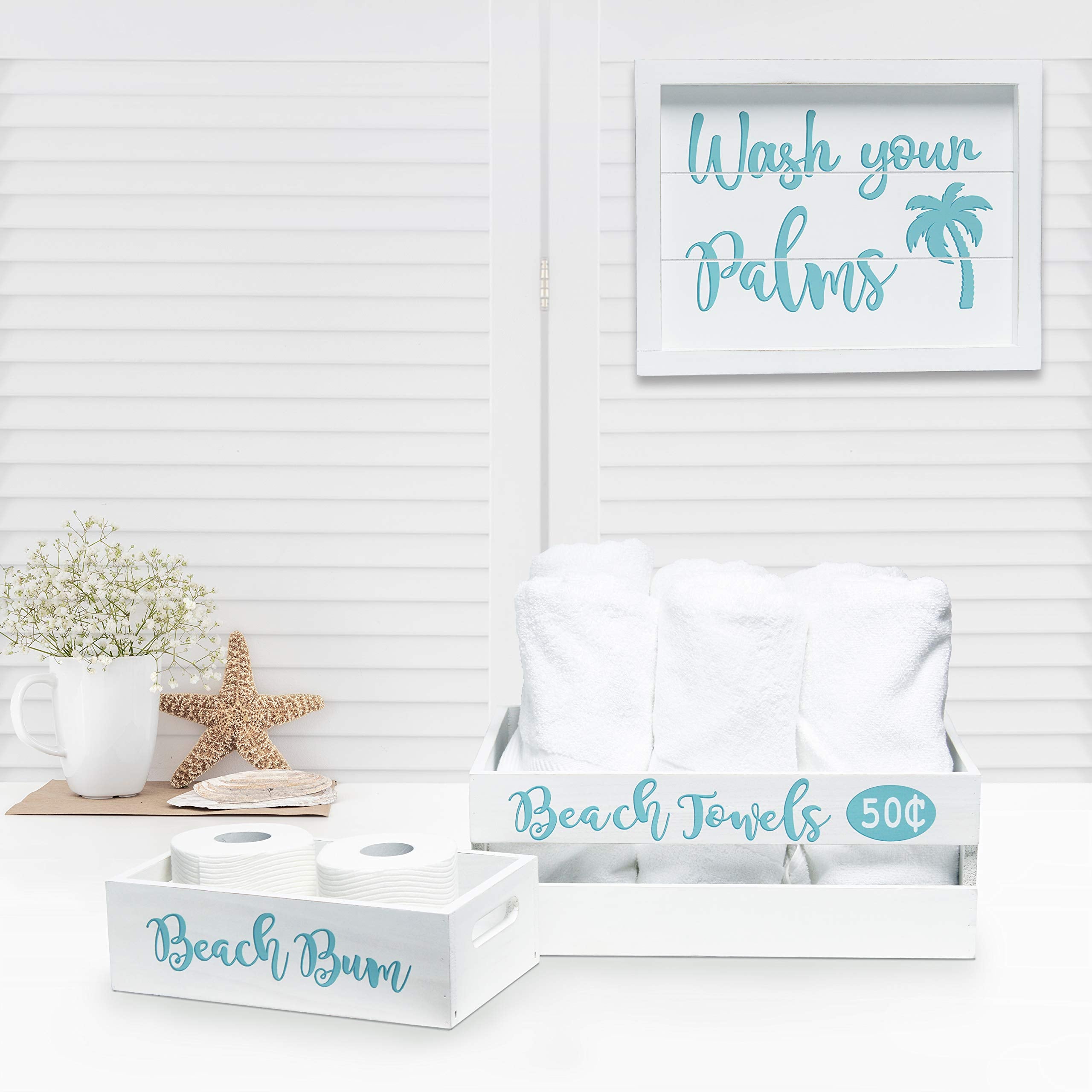 Elegant Designs Hg3000-Wbh Three Piece Decorative Wood Bathroom Set White Wash Aqua Blue Color Palm Tree Towel And Toilet Paper Storage Crate And Holder, Quote Frame, Coastal/Beach/Large