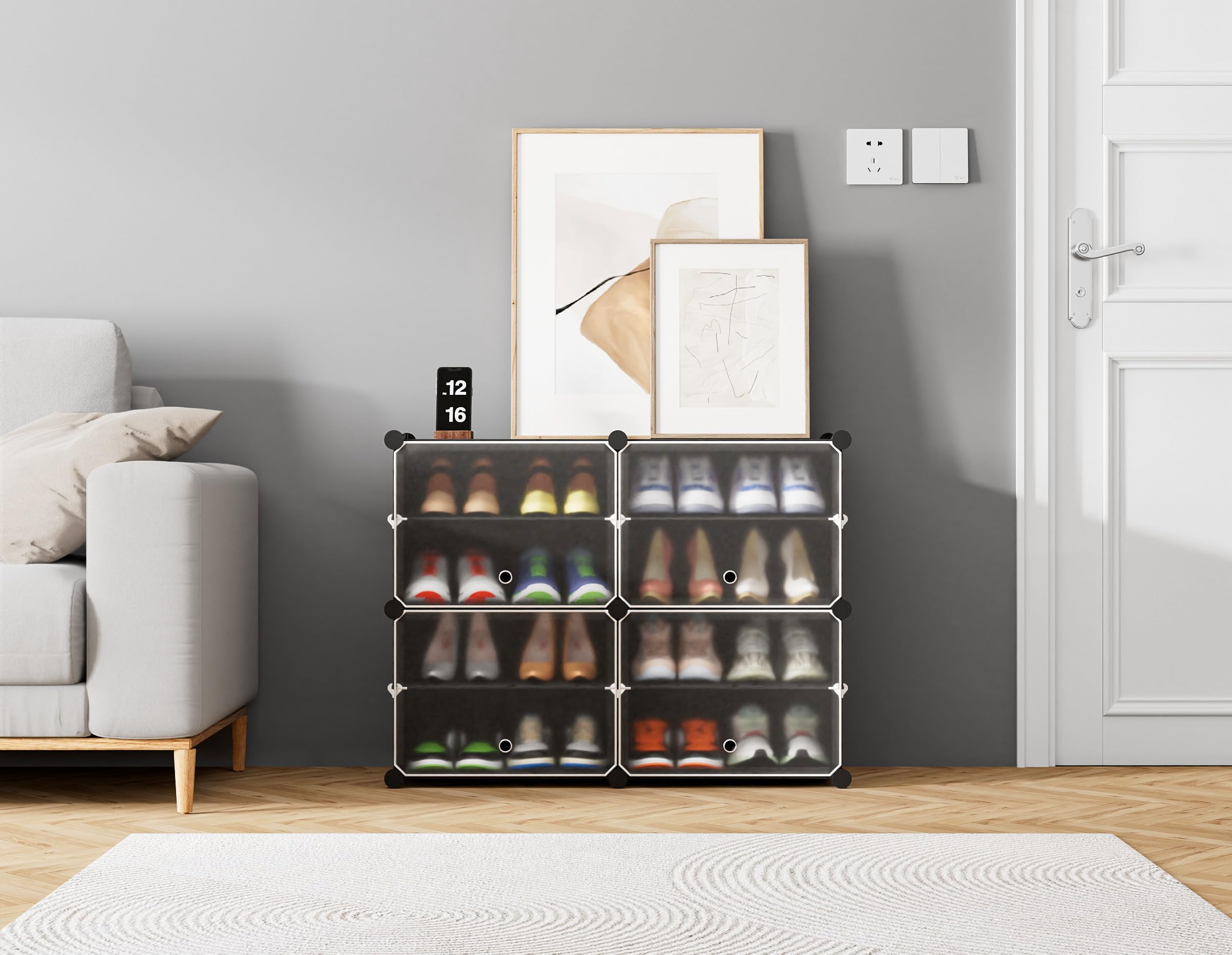 Homidec Shoe Rack, 4 Tier Shoe Storage Cabinet 16 Pair Plastic Shoe Shelves Organizer For Closet Hallway Bedroom Entryway Black