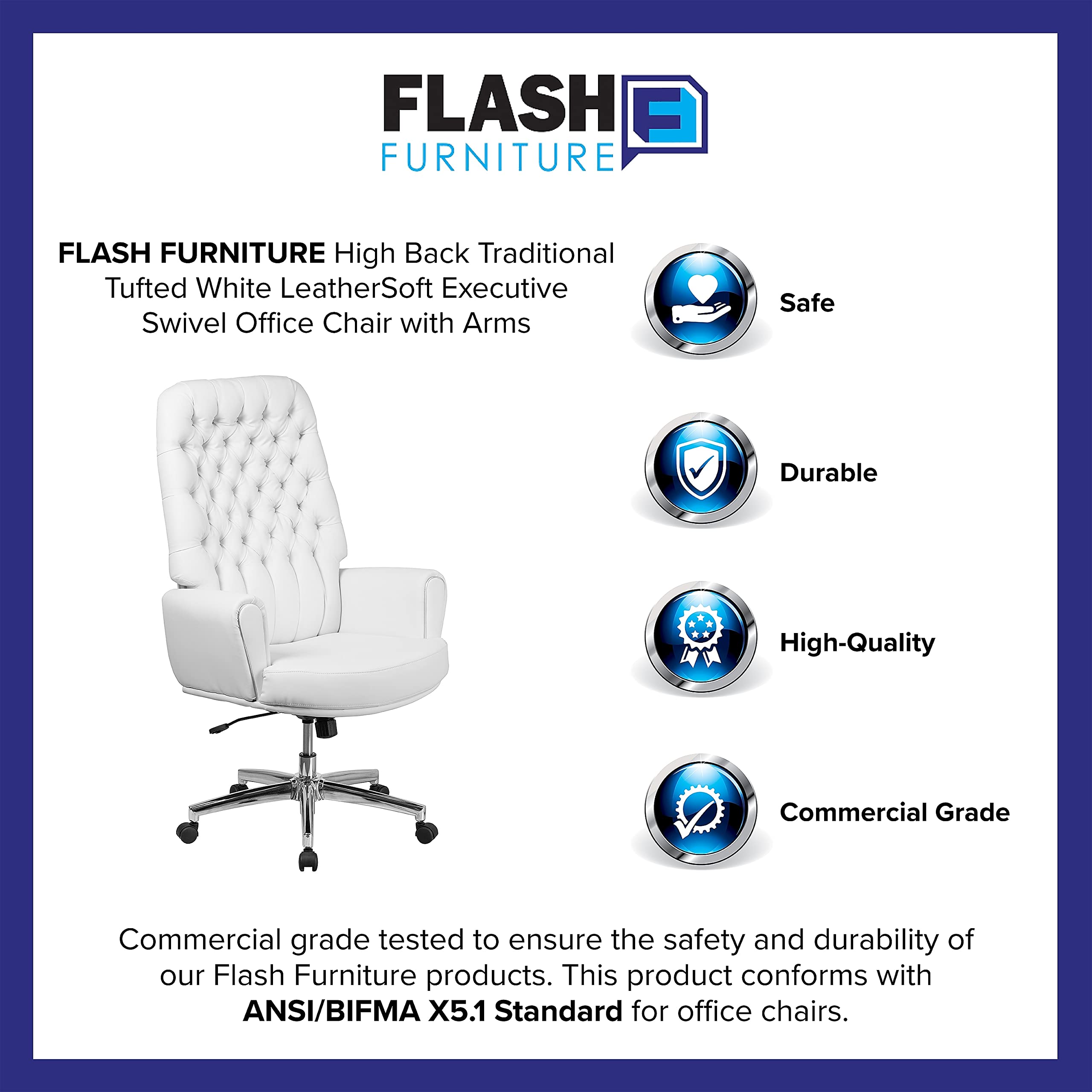 Flash Furniture Rochelle High Back Traditional Tufted White LeatherSoft Executive Swivel Office Chair with Arms