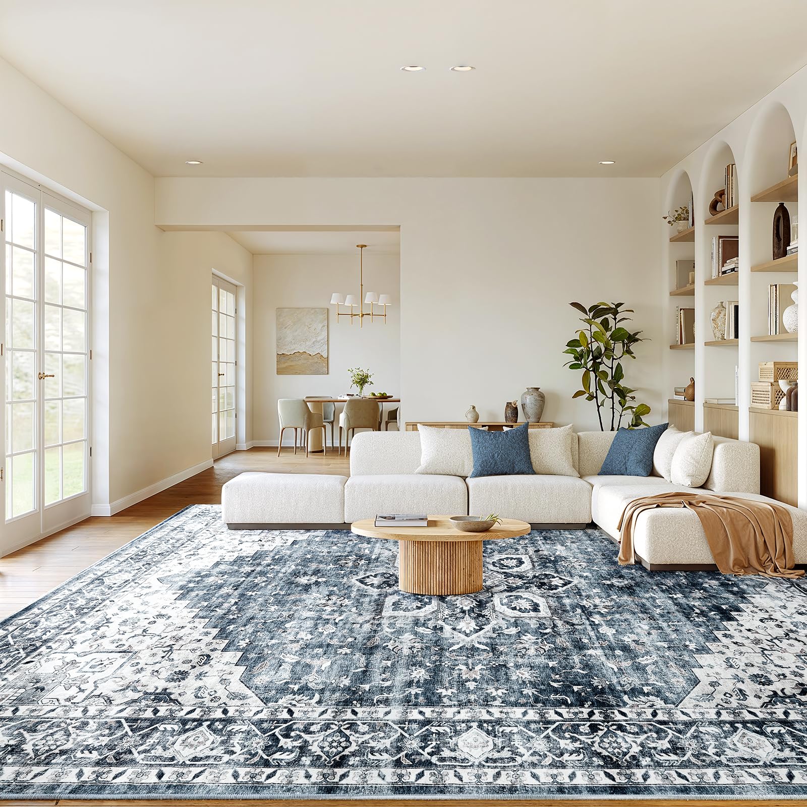 AMADA HOMEFURNISHING 9x12 Washable Area Rug, Low-Profile Large Area Rug with Non-Slip Backing & Durable Edge Binding, Vintage La