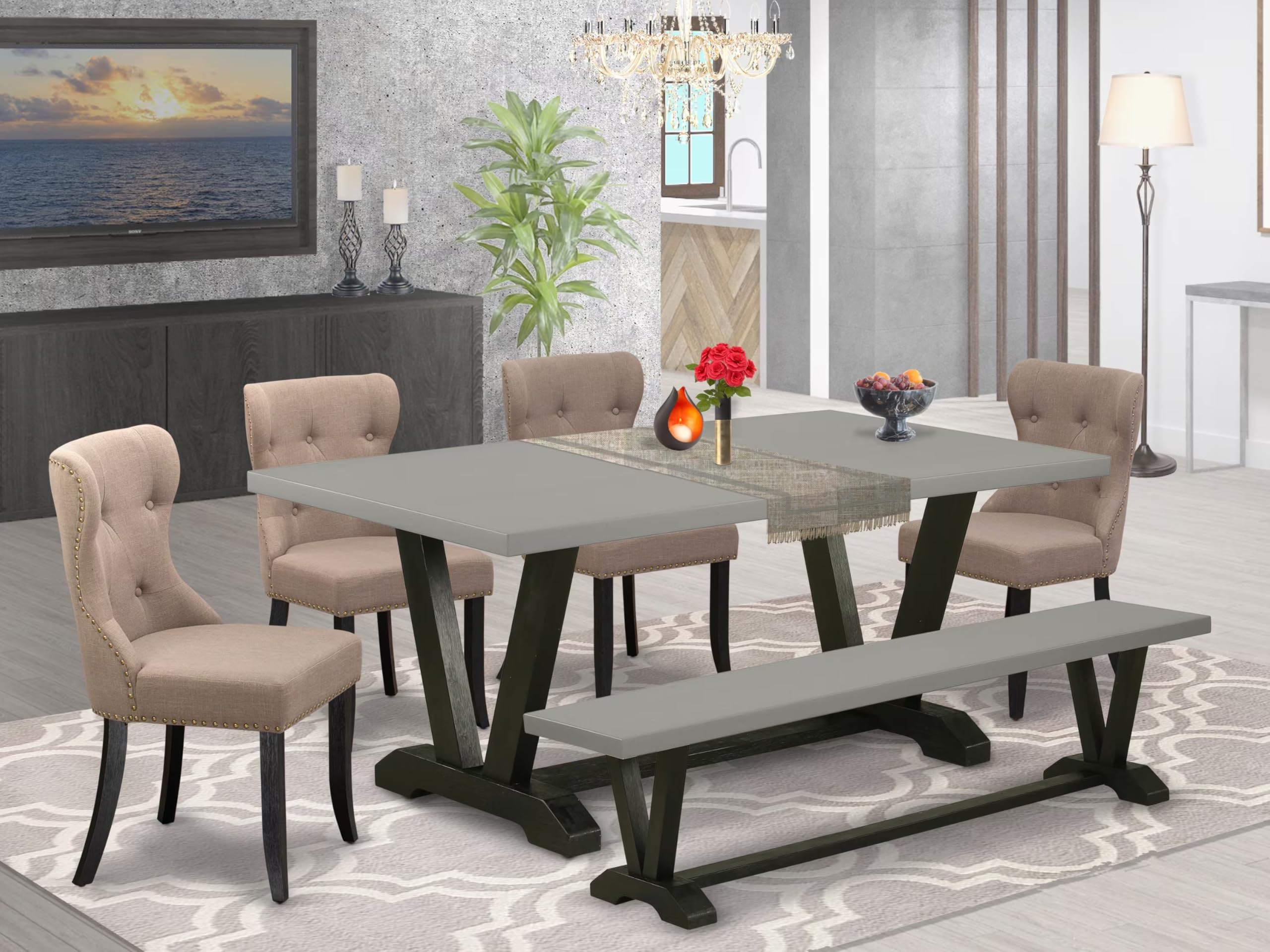 East West Furniture V697Si648-6 6 Piece Dining Room Table Set Contains A Rectangle Kitchen Table With V-Legs And 4 Coffee Linen Fabric Parson Chairs With A Bench, 40X72 Inch, Multi-Color