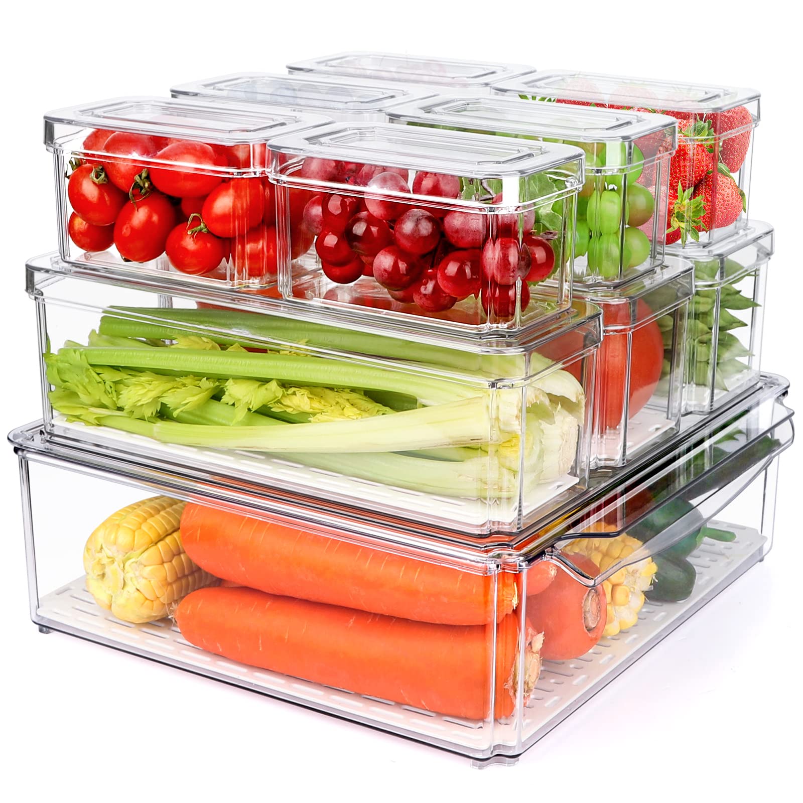 10 Pack Refrigerator Pantry Organizer Bins, Stackable Fridge Organizer Bins with Lids, Clear Plastic Food Storage Bins for Kitch