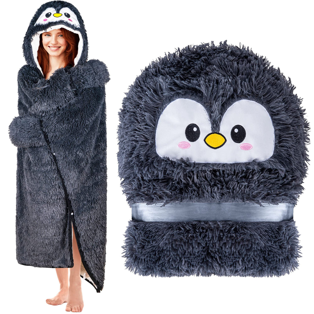 Penguin Wearable Hooded Blanket For Adults - Fluffy Super Soft Shaggy Faux Fur, Fuzzy Warm Cozy Plush Furry Fleece & Sherpa Hood