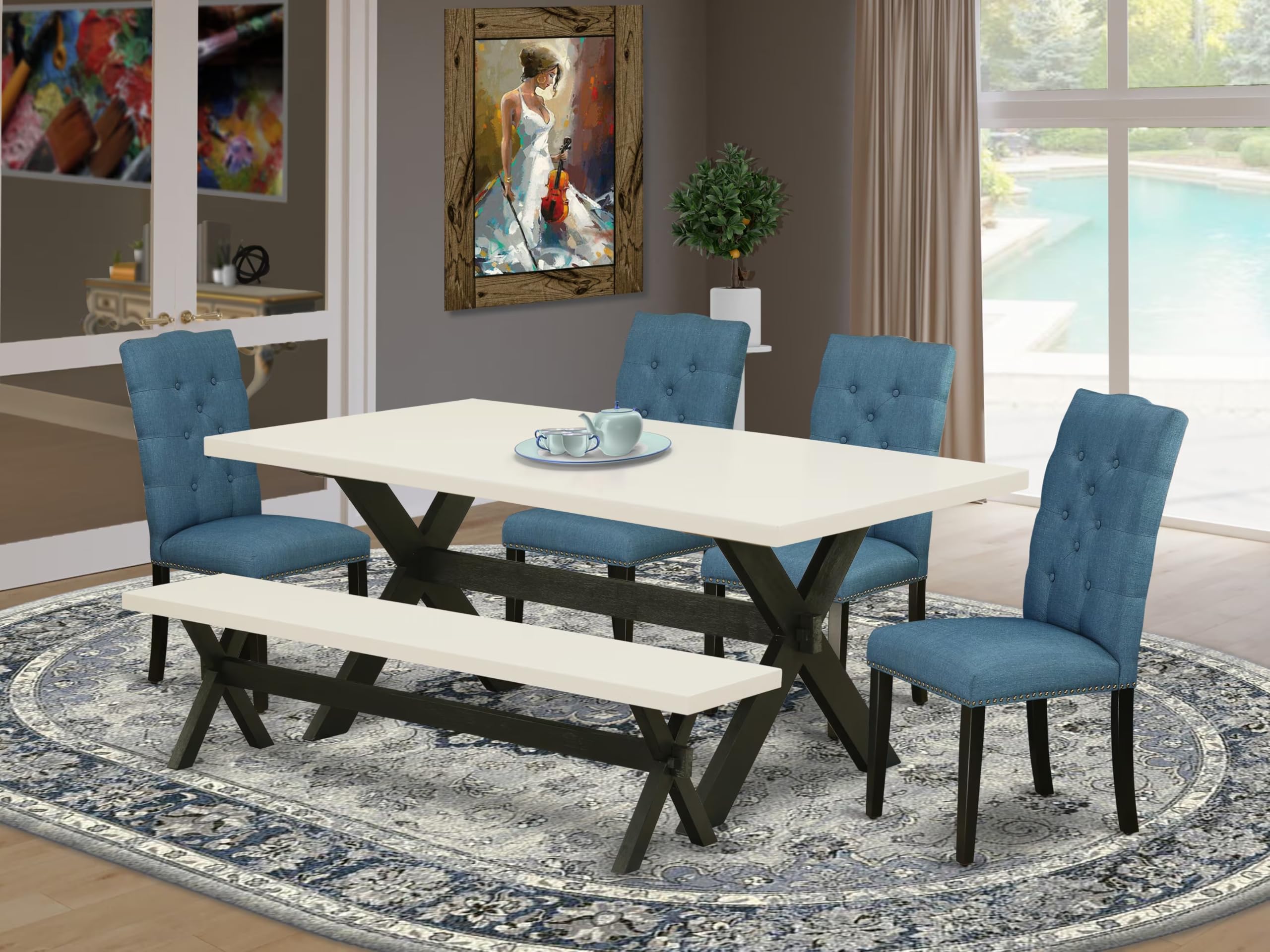 East West Furniture X627El121-6 6 Piece Dinette Set Contains A Rectangle Dining Room Table With X-Legs And 4 Blue Linen Fabric Parson Chairs With A Bench, 40X72 Inch, Multi-Color