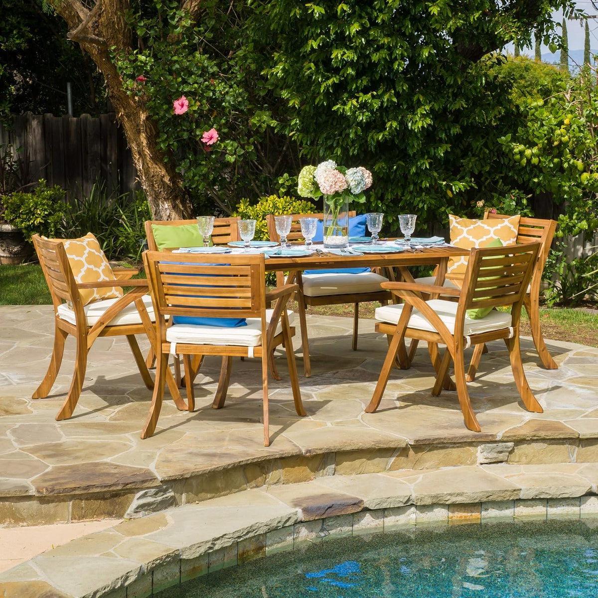 7 Piece Patio Furniture Set, Outdoor Acacia Wood Dining Table Chair Set With Water-Resistant Cushions, Rectangle Dining Table An