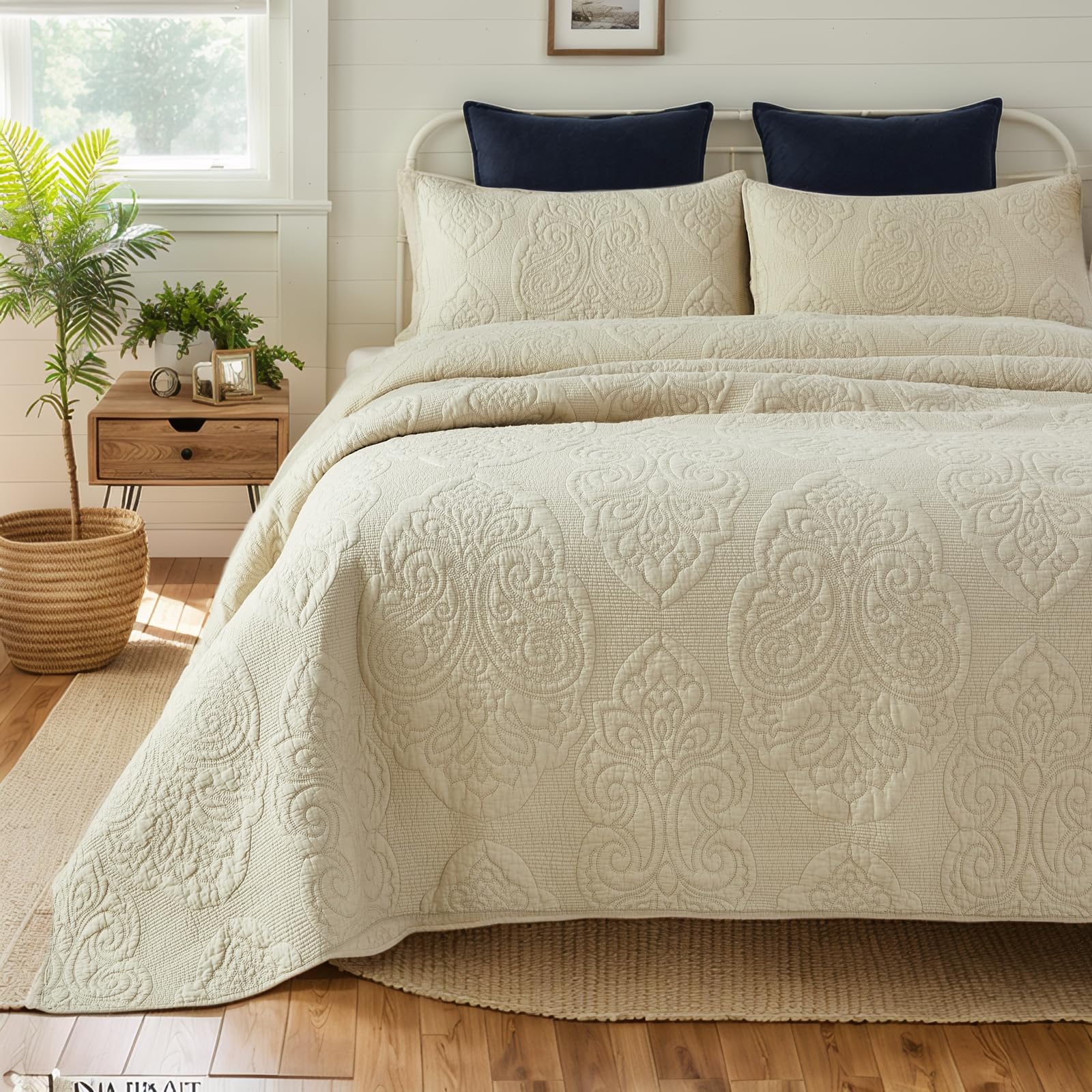 Brandream White Beige Vintage Floral Comforter Set Queen Size Bed Quilt Set