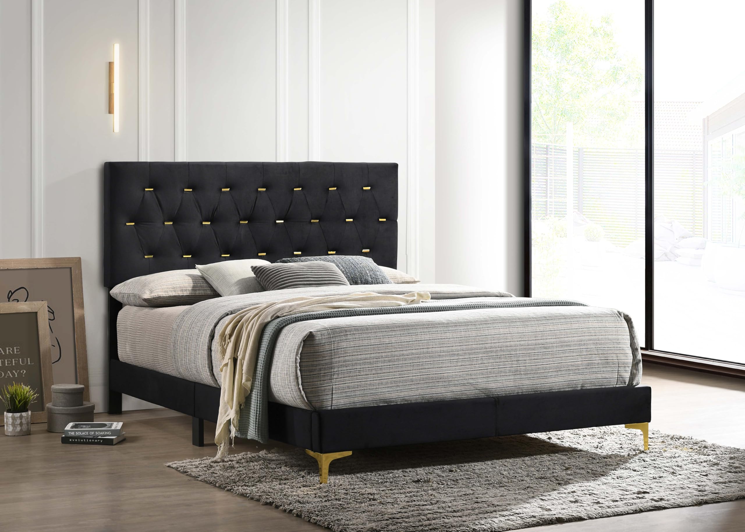 Coaster Home Furnishings Kendall 49-Inch Upholstered Bed Eastern King Size Modern Panel Bed Frame Velvet Upholstery Button Tufted with Gold Accents Black 224451KE