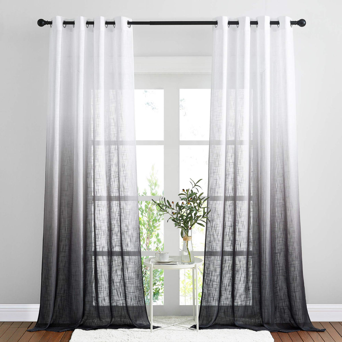Nicetown Black Ombre Sheer Linen Curtains For Bedroom, Grommet Two-Tone Gradient Color Semi Sheer Window Treatments Privacy With