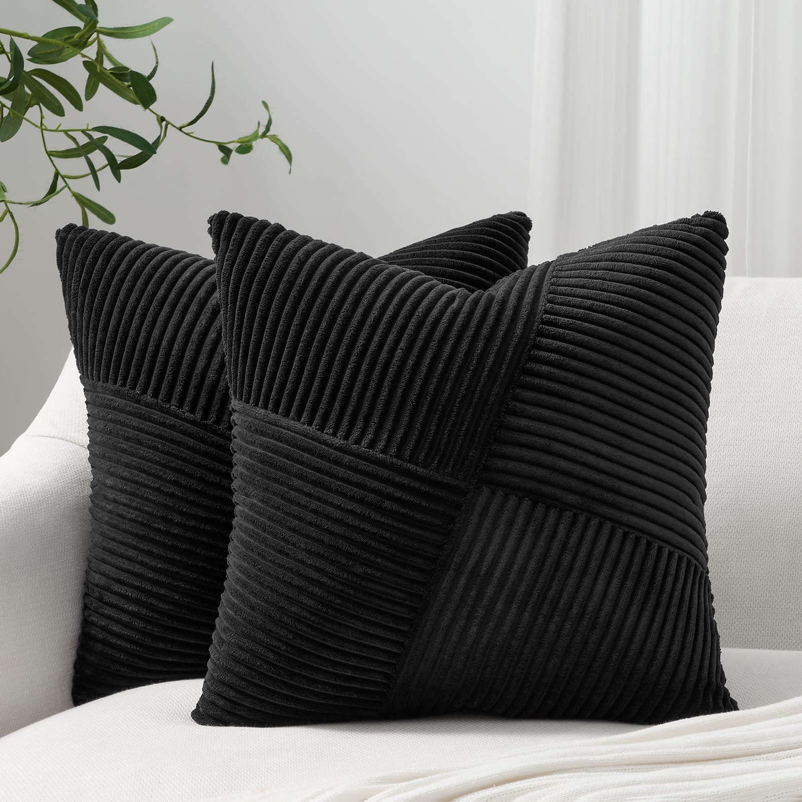 Topfinel Set Of 2 Black Decorative Yellow Throw Pillow Covers 12X12 Inch, Soft Corduroy Pillow Covers Windmill Textured Striped