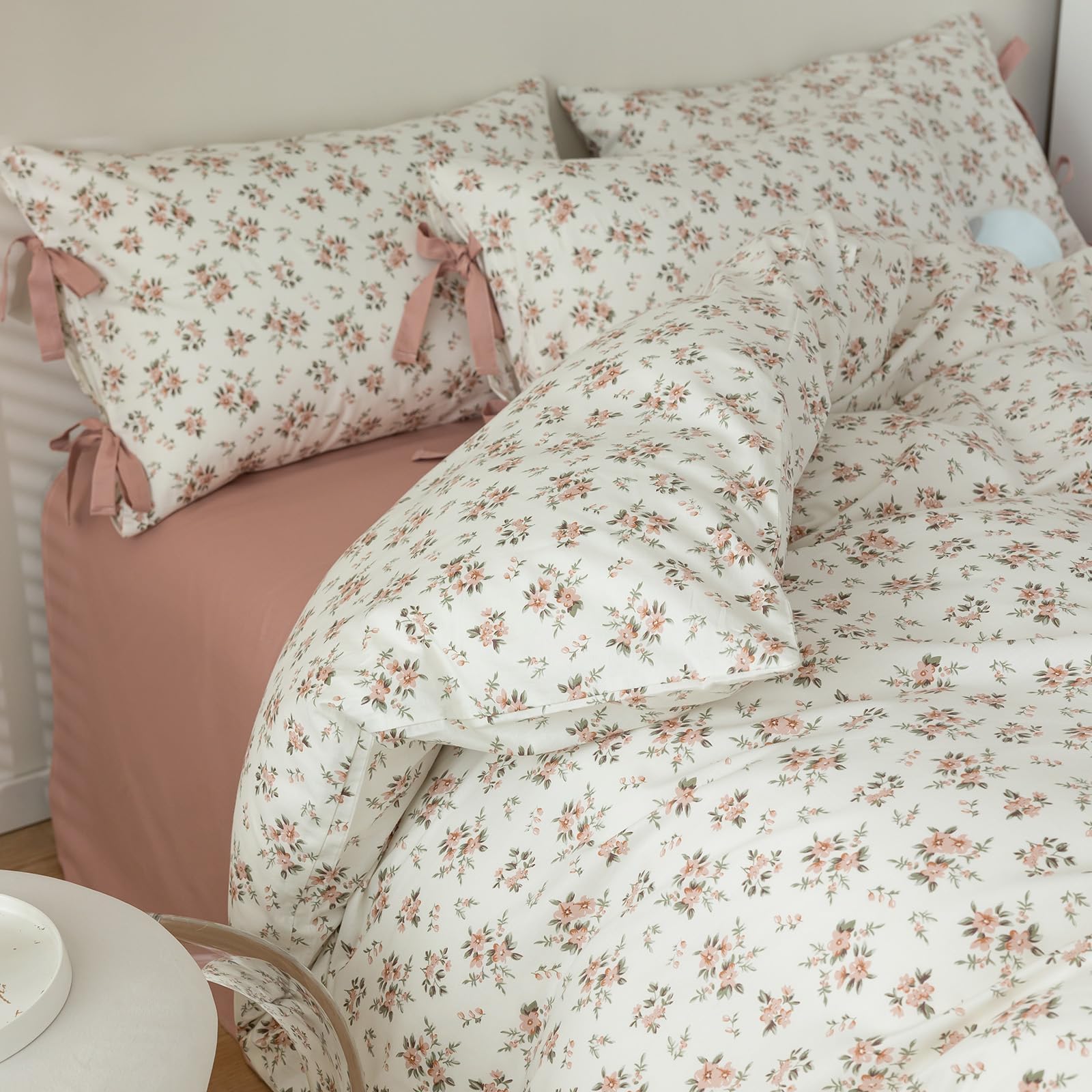 Pink Flower Duvet Cover Set Twin Soft Cotton Girls Cottagecore Bedding Set Twin Garden Style Peach Floral Comforter Cover Vintag