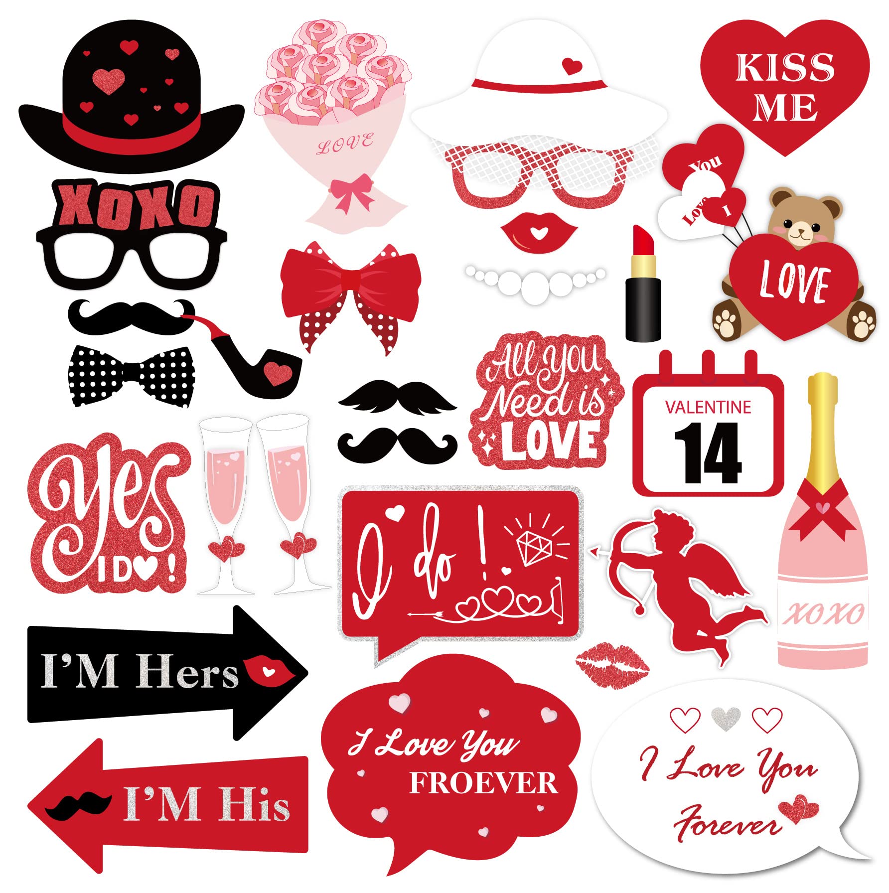 CRAWPROP 30PCS Valentines Day Party Photo Booth Props Supplies Selfie Accessories for Valentine's Day Wedding Birthday Party Dec