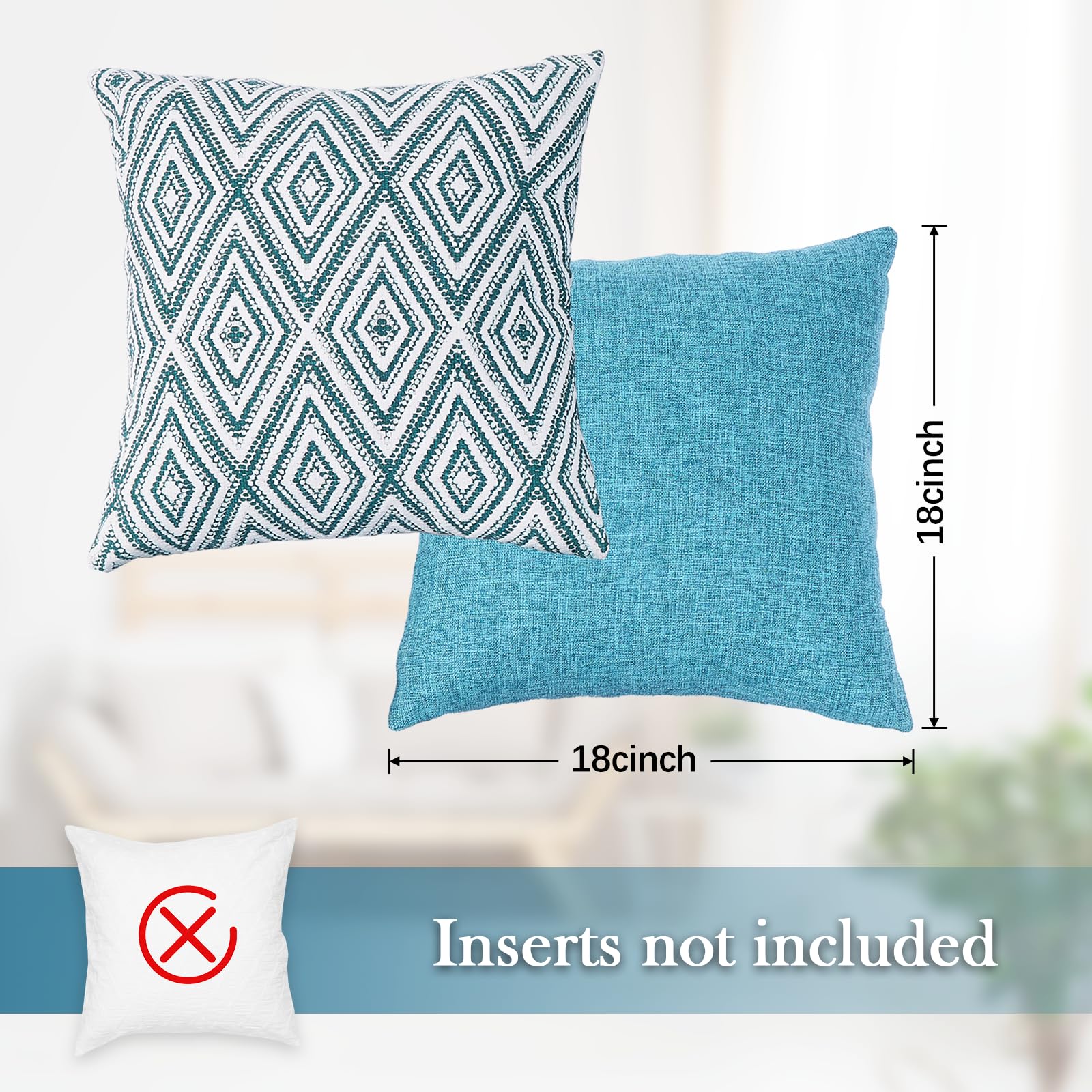 Hpuk Decorative Throw Pillow Covers Set Of 4 Geometric Design Linen Cushion Cover For Couch Sofa Living Room, 18'X18' Inches, Aqua Blue
