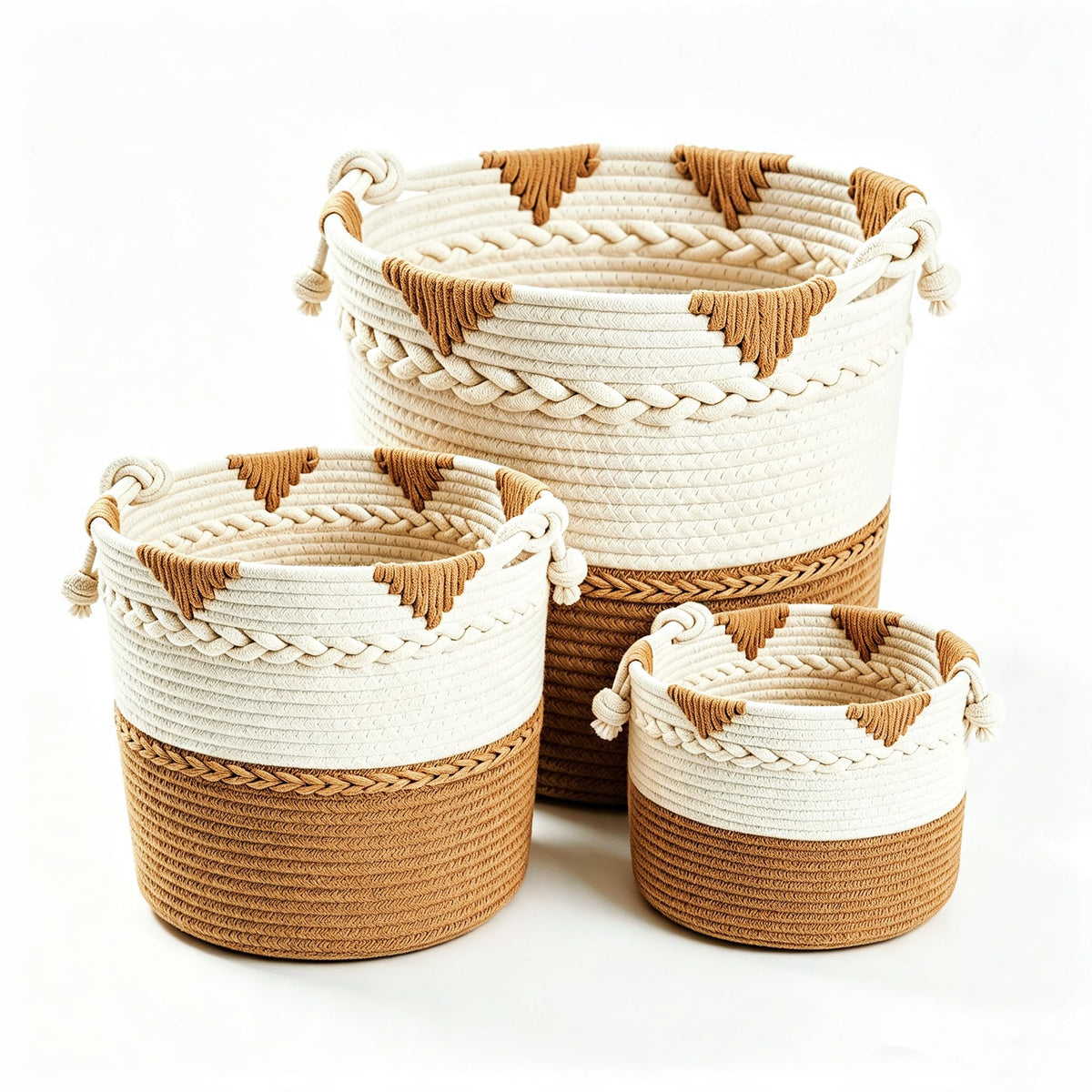 Boho Cotton Rope Woven Storage Basket, Large Decorative Laundry Hamper with Handles Pack of 3 for Organizing Toy Woven Cotton R