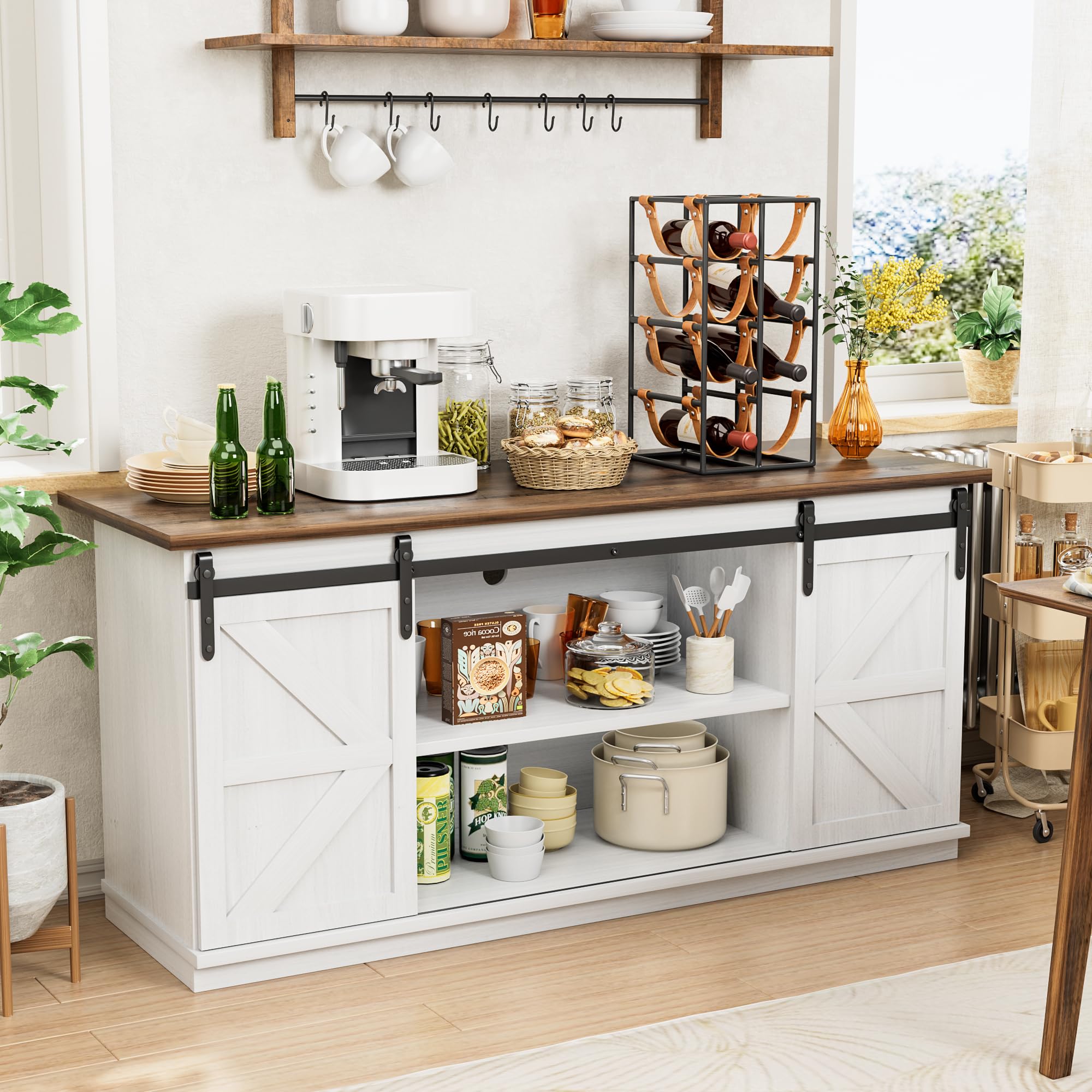 Shahoo Farmhouse Sideboard Buffet Cabinet, Coffee Bar Storage With Sliding Barn Doors, Shelf For Home Dining Room, White