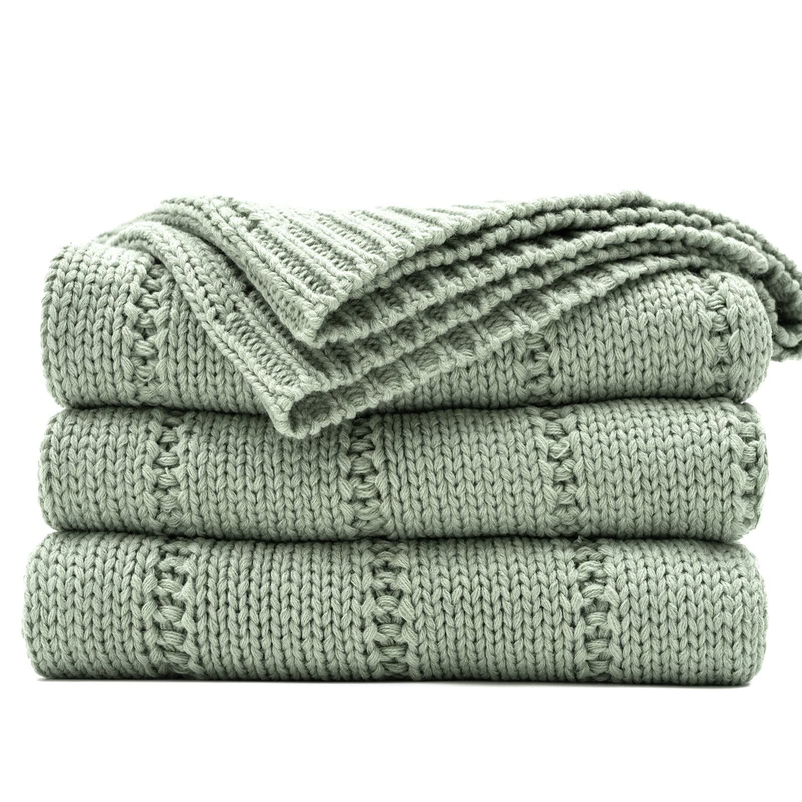 Recyco Cable Knit Sage Green Throw Blanket Twin Size For Couch, Super Soft Warm Cozy Decorative Knitted Throw Blanket 3.6Lb For