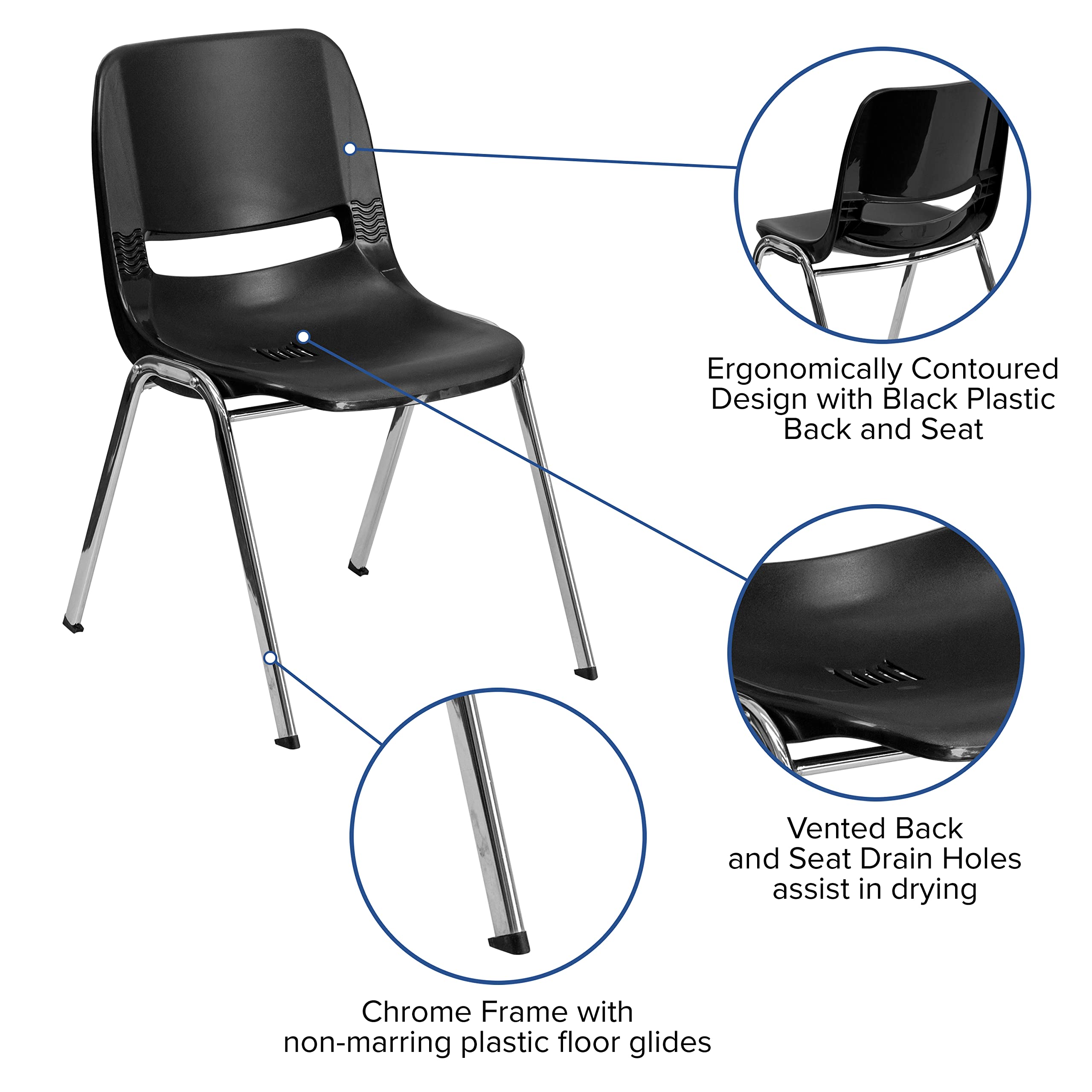 Flash Furniture HERCULES Series 661 lb. Capacity Black Ergonomic Shell Stack Chair with Chrome Frame and 16'' Seat Height