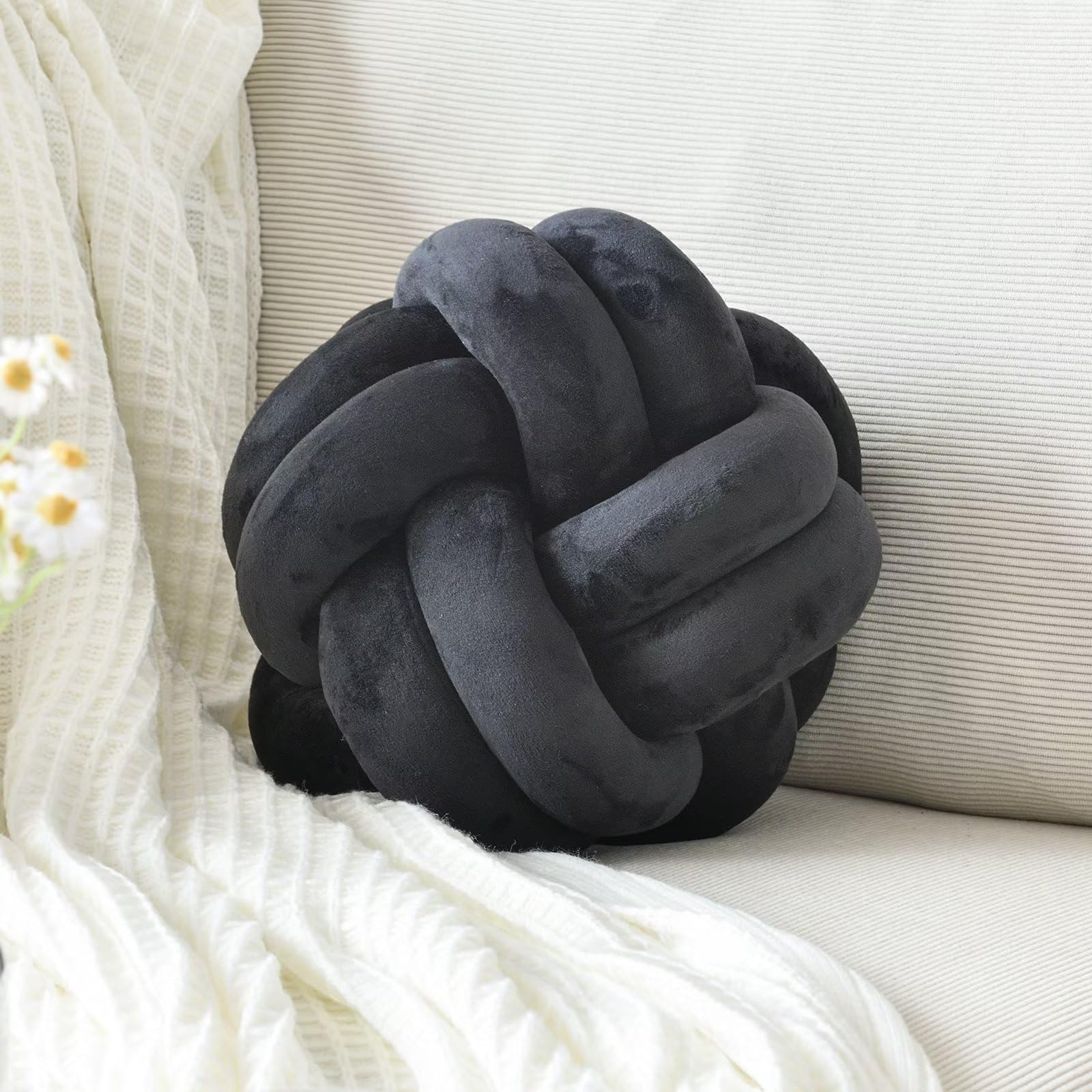 Vbgya Knot Pillow Ball, Soft Decorative Throw Pillows Cushion, 11 Inch Round Plush Knotted Pillows Black Pillow, Modern Home Thr