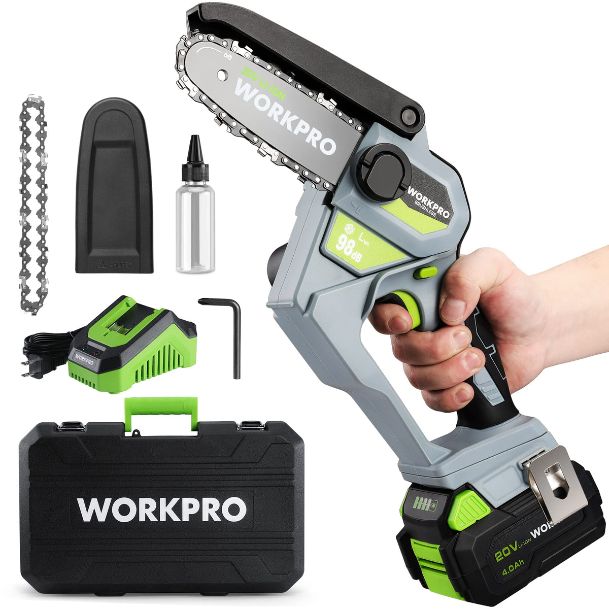 Workpro Mini Chainsaw, 6.3 Brushless Cordless Power Compact Chain Saw With 4.0Ah Battery, 20V One-Hand Operated Portable Wood Sa