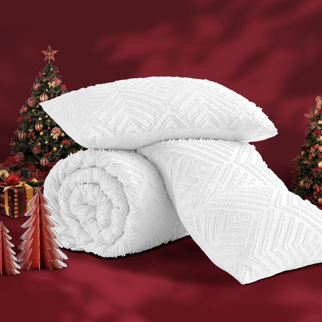 Andency White Comforter Set Queen Size, Boho Lightweight Fluffy Bedding Comforter Sets For Queen Bed, 3 Pieces Tufted Farmhouse Shabby Chic Bed Set For All Seasons(1 Comforter 90X90In, 2 Pillowcases)