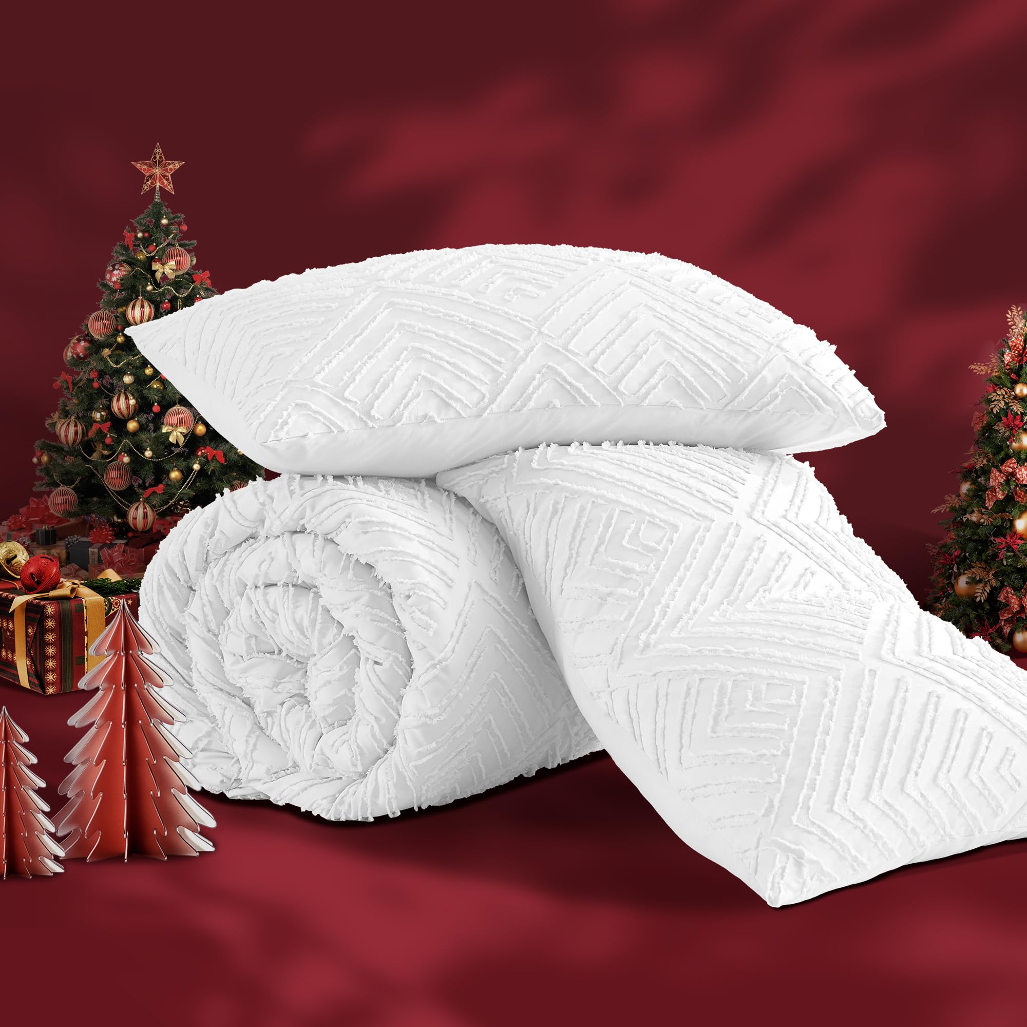 Andency White Comforter Set Queen Size, Boho Lightweight Fluffy Bedding Comforter Sets For Queen Bed, 3 Pieces Tufted Farmhouse Shabby Chic Bed Set For All Seasons(1 Comforter 90X90In, 2 Pillowcases)