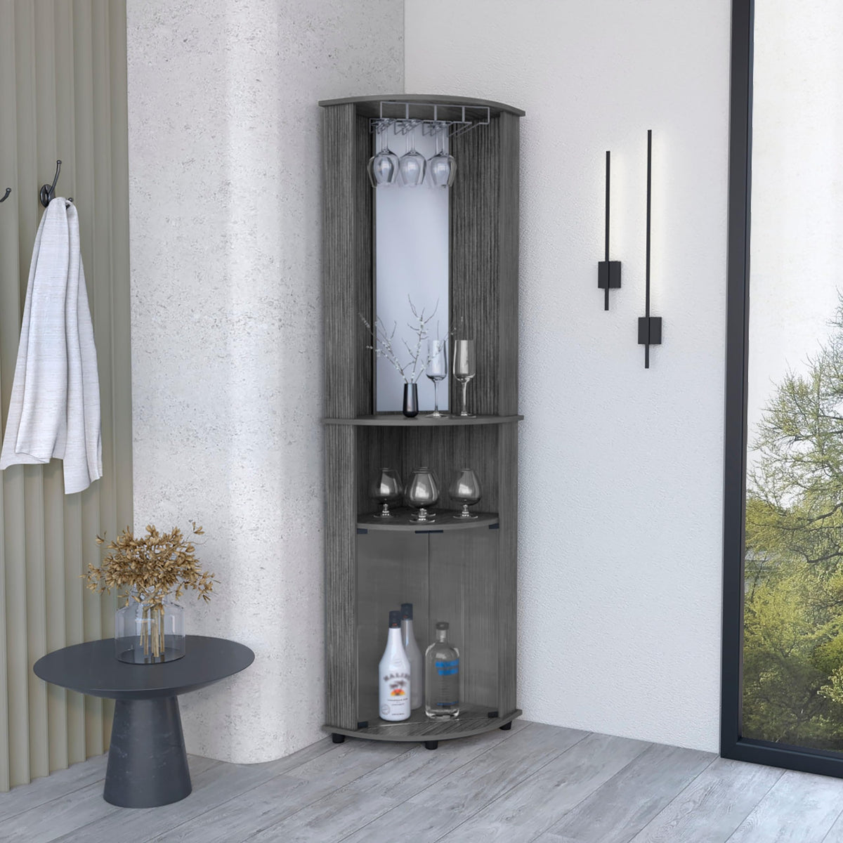 Depot E-Shop Nashville Corner Bar Cabinet Unit With Wine Glass Rack And Lower Cabinet, Smokey Oak