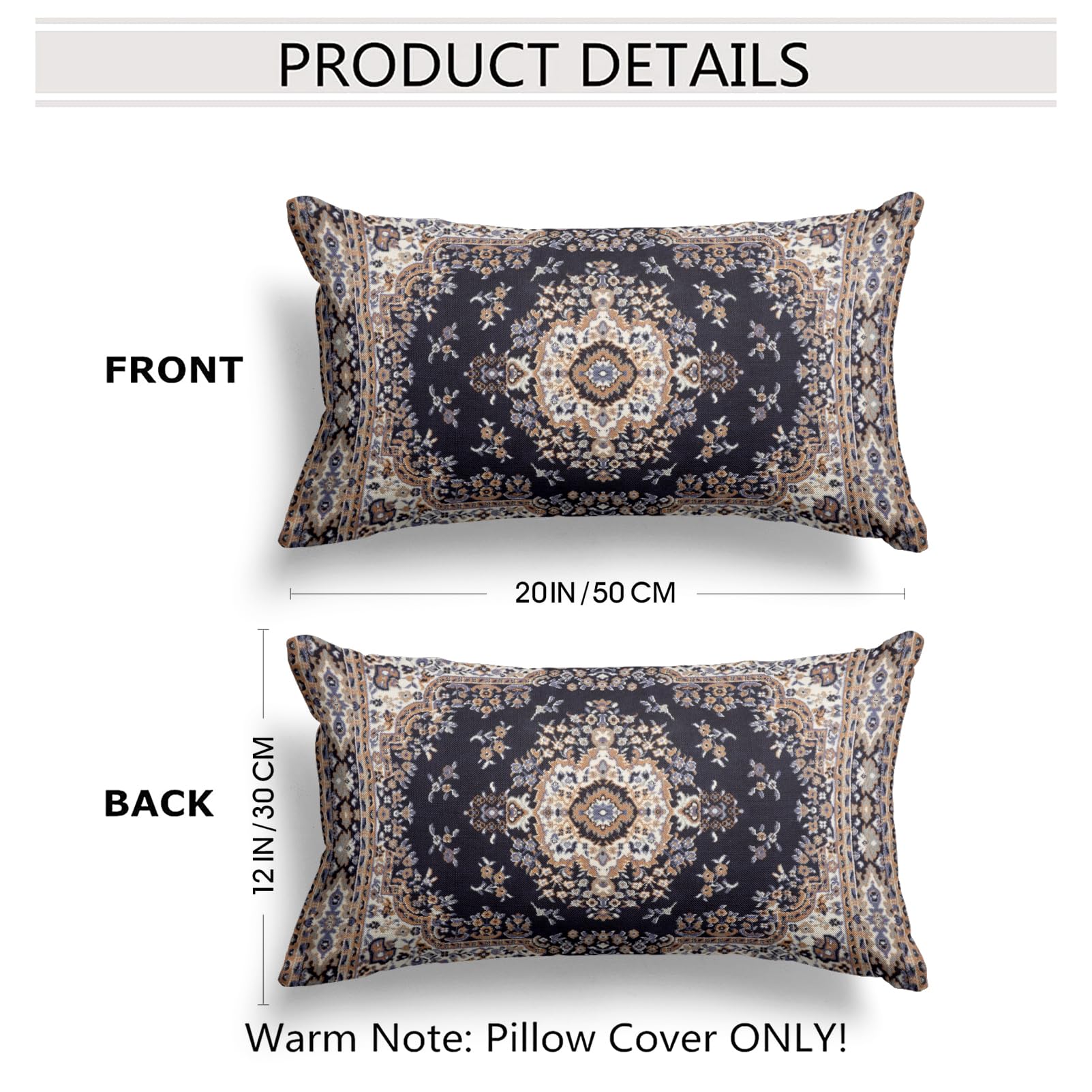 Snycler Boho Throw Pillow Covers 12X20 Inch Set Of 2 Black Medallion Border Area Rug Double Sided Pattern Cotton Soft Pillow Cas