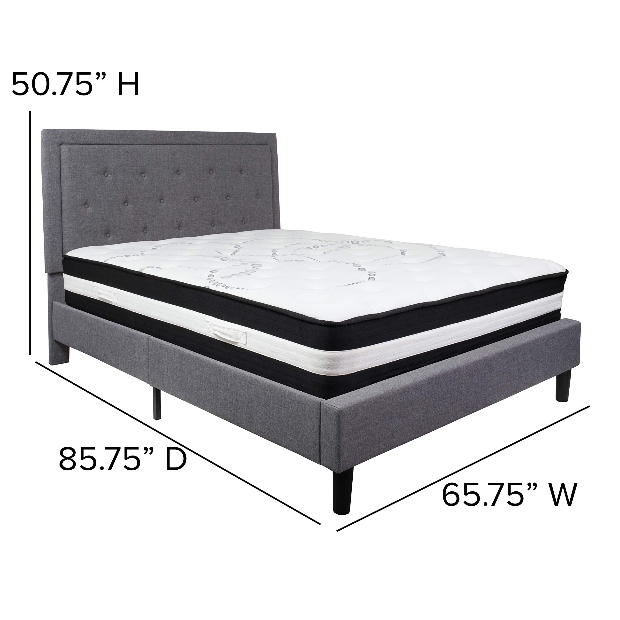 Flash Furniture Roxbury Queen Size Tufted Upholstered Platform Bed In Light Gray Fabric With Pocket Spring Mattress