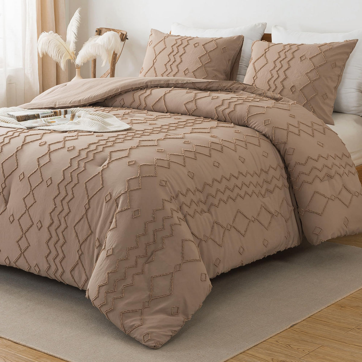 Andency Taupe Tufted Comforter Set California King(104X96Inch), 3 Pieces(1 Boho Comforter, 2 Pillowcases) Textured Farmhouse Com