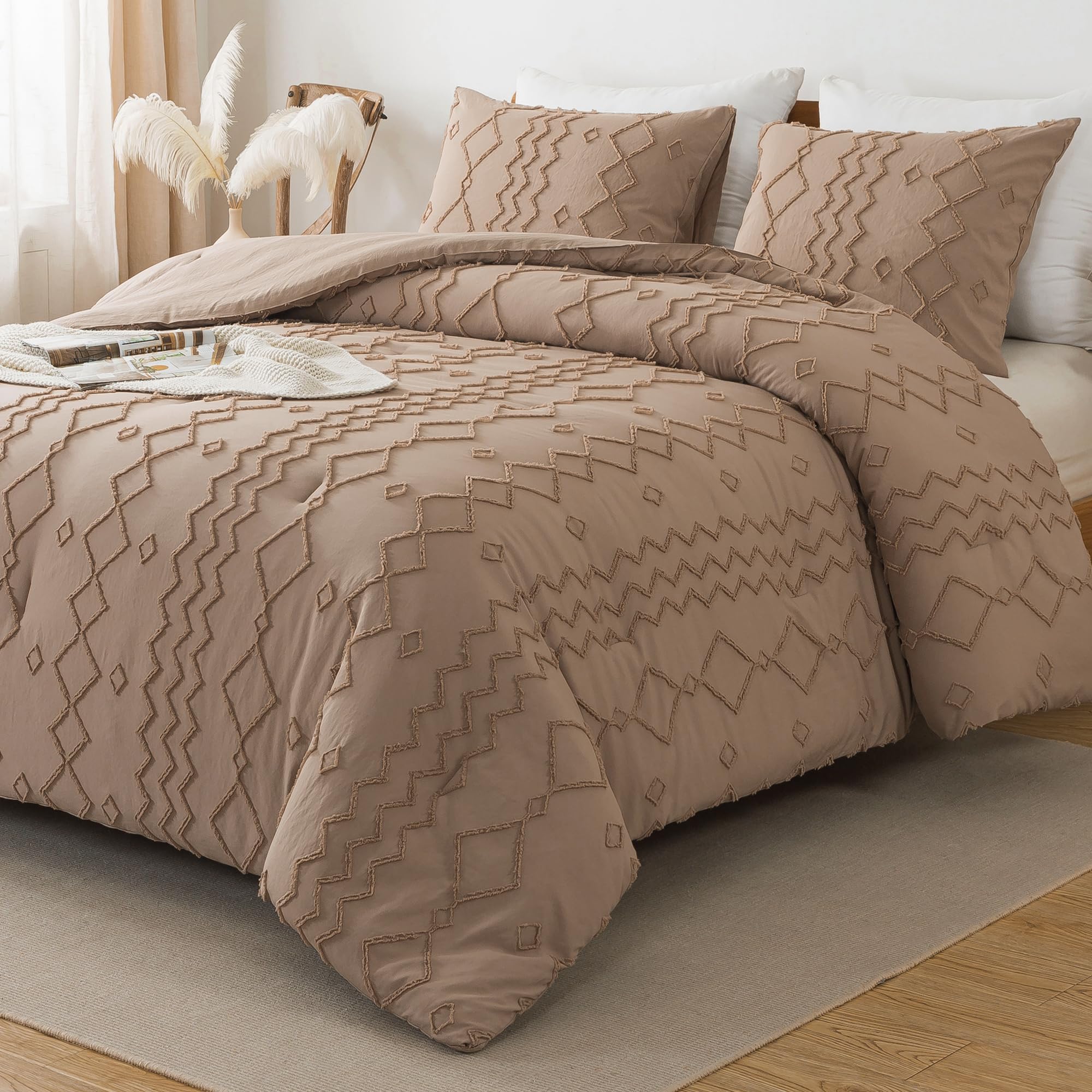 Andency Taupe Tufted Comforter Set California King(104X96Inch), 3 Pieces(1 Boho Comforter, 2 Pillowcases) Textured Farmhouse Com