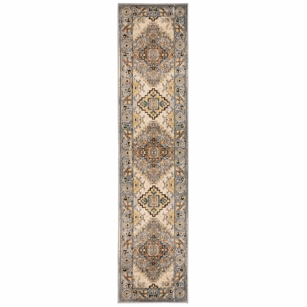 HomeRoots Grey Polypropylene 2’ x 8’ Gray and Beige Aztec Pattern Runner Rug