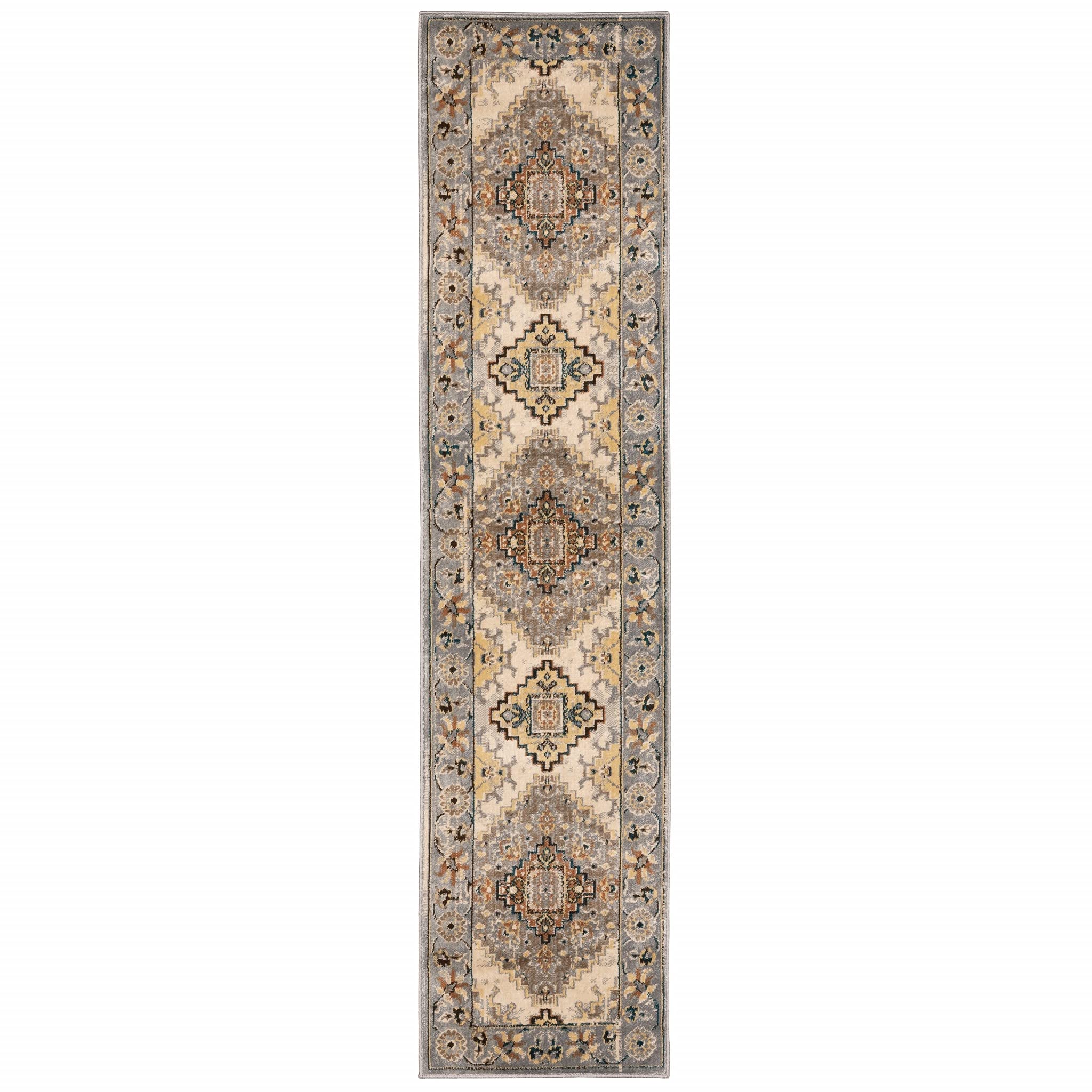 HomeRoots Grey Polypropylene 2’ x 8’ Gray and Beige Aztec Pattern Runner Rug