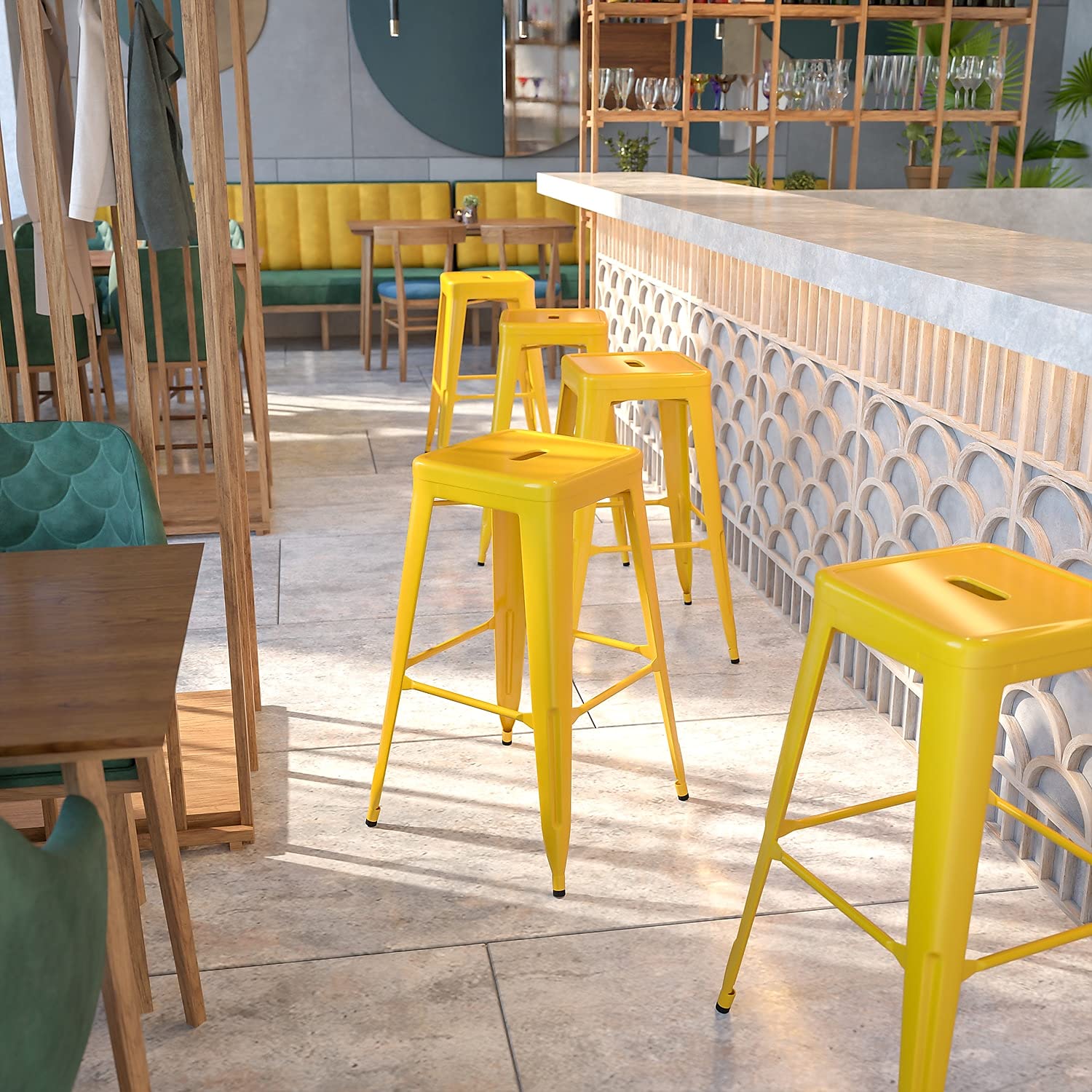 30 Inch High Backless Metal Indoor/Outdoor Barstool W/Square Seat, Yellow