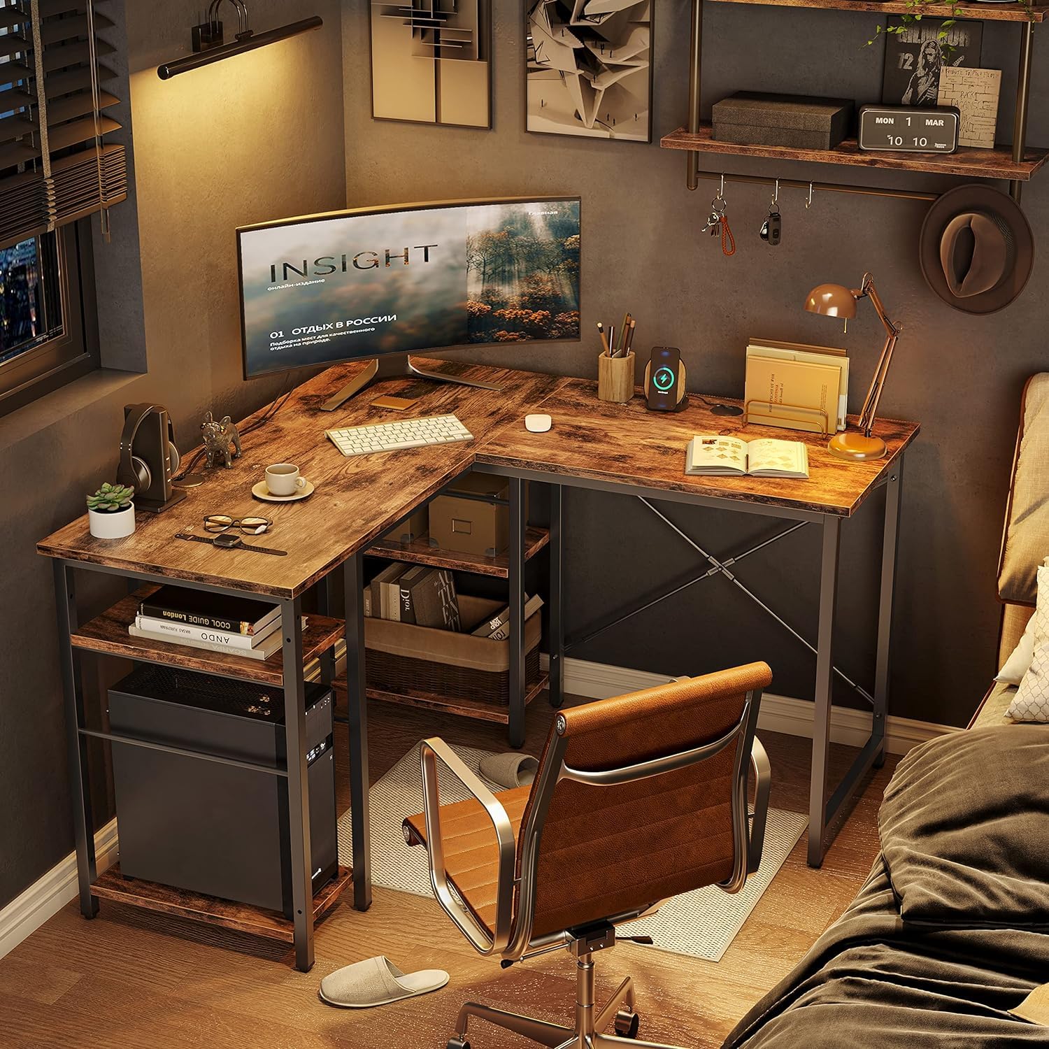 Bestier L Shaped Desk With Shelves 75 Inch Reversible Corner Computer Desk Or 2 Person Long Table, Writing Study Desk For Home Office Small Space Bedroom Apartment, Wash White