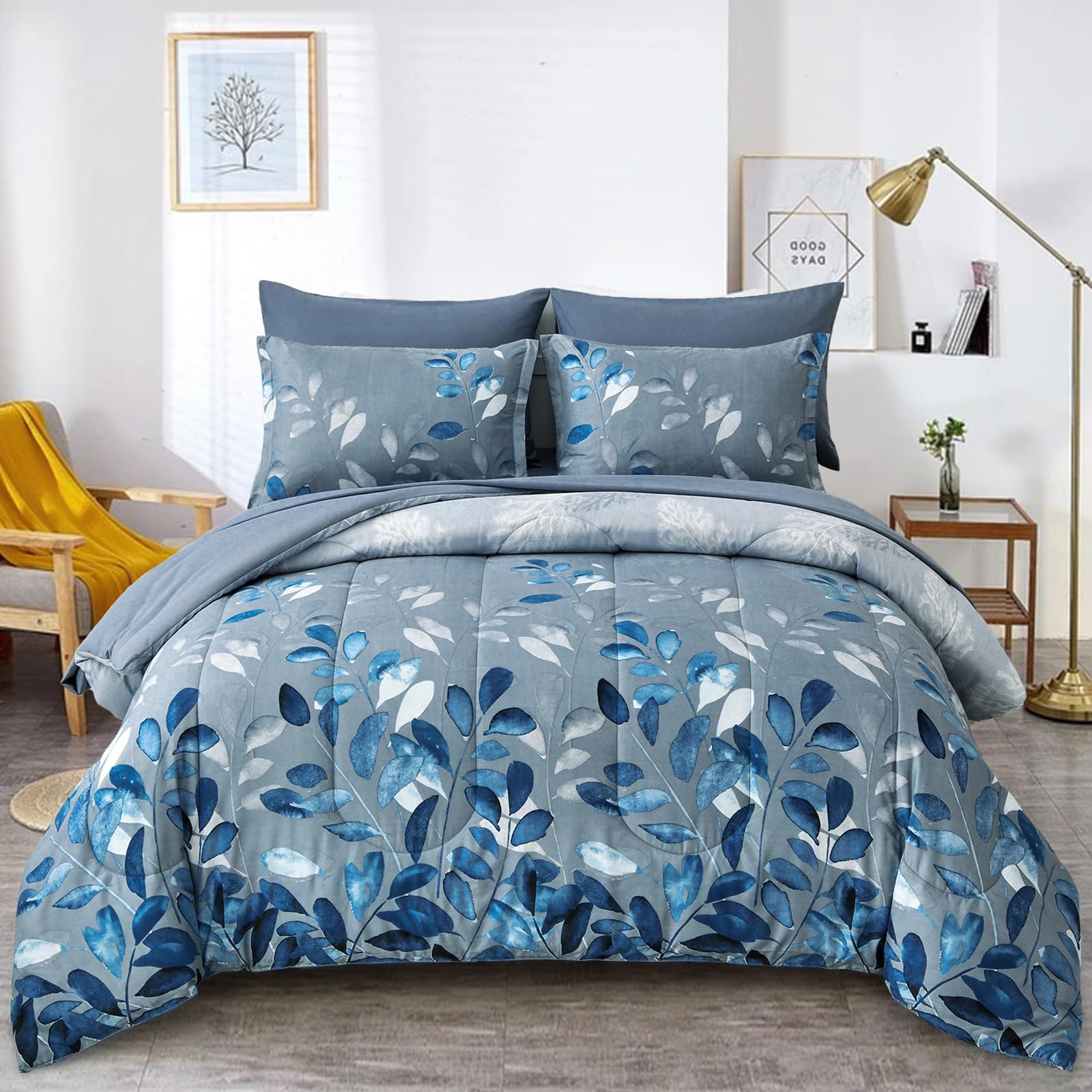 Blue Floral Comforter Set Queen Size 7 Piece Navy Botanical Gradient Leaves Ultra Soft Microfiber Down Alternative Bedding Set L