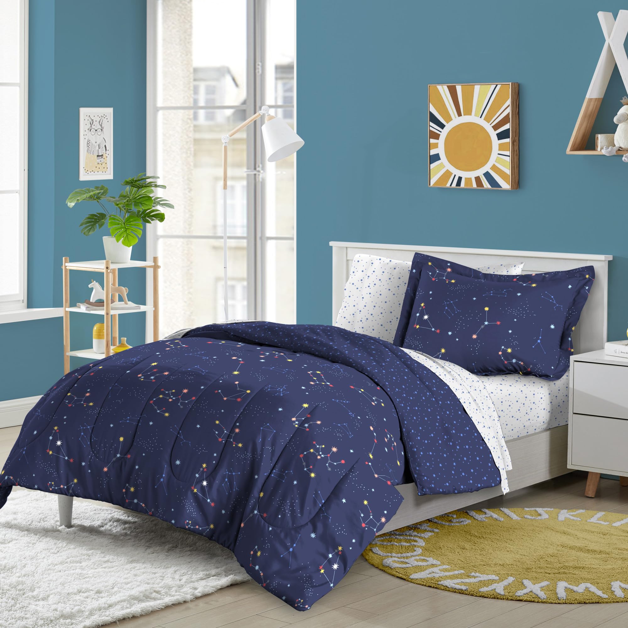 Dream Factory Kids 7-Piece Complete Bed Set Easy-Wash Super Soft Microfiber Comforter Bedding, Full, Navy Blue Zodiac