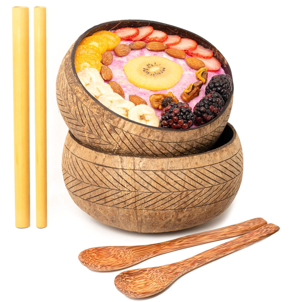 Rainforest Bowls Set of 2 Jumbo Feather Coconut Bowls, 2 Wooden Spoons & 2 Reusable Bamboo Straws - 100% Natural, Hand Carved by