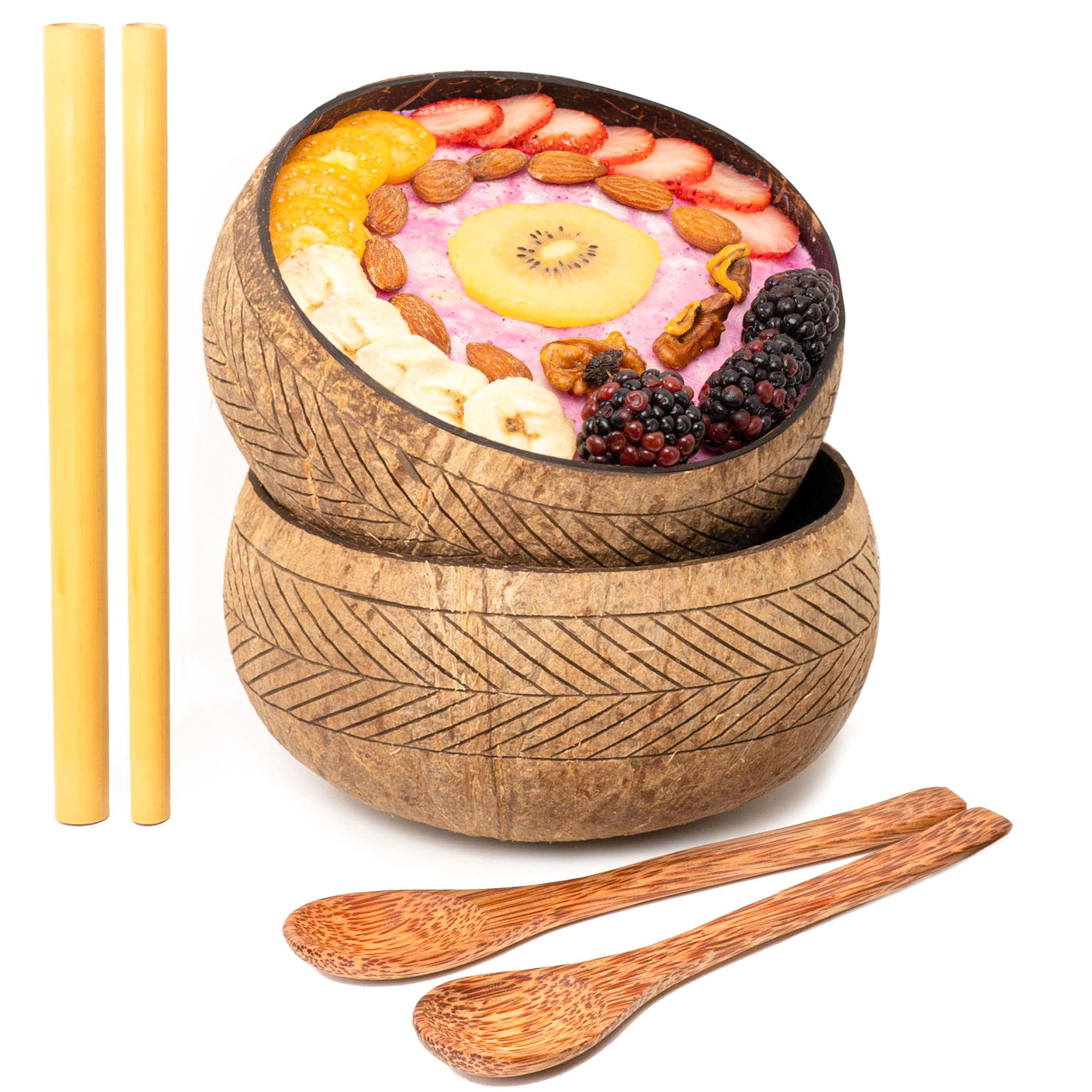 Rainforest Bowls Set of 2 Jumbo Feather Coconut Bowls, 2 Wooden Spoons & 2 Reusable Bamboo Straws - 100% Natural, Hand Carved by