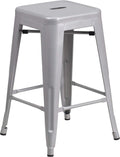 Commercial Grade 24 High Backless Silver Metal Indoor-Outdoor Counter Height Stool with Square Seat