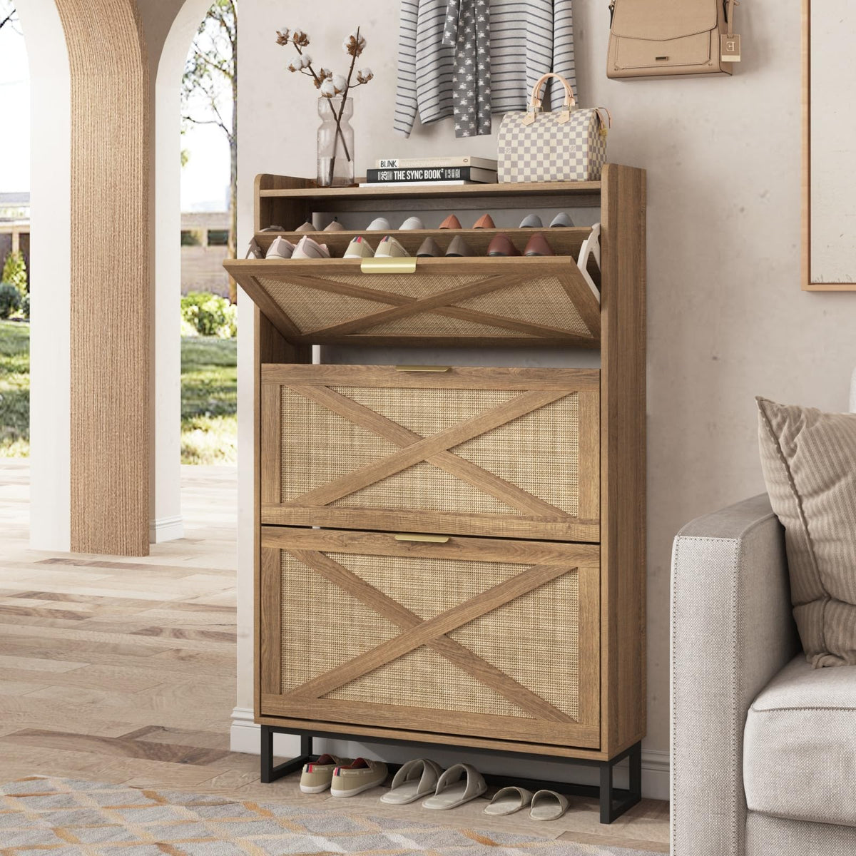 Maupvit Shoe Storage Cabinet With 3 Rattan Flip Drawers, Freestanding Organizer With Metal Legs For Entryway, Narrow Shoe Rack Cabinet, Hidden Golden Handles, Rustic Oak Rattan