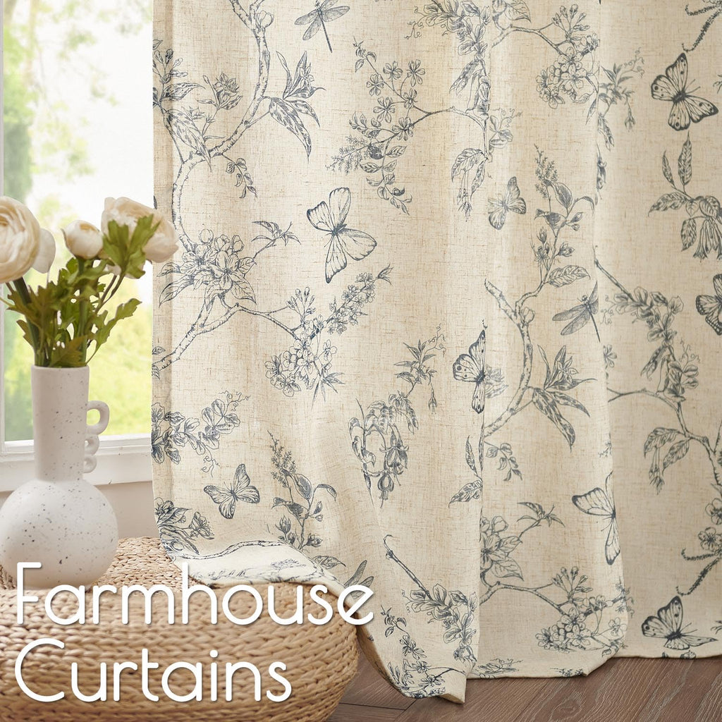Lazzzy Farmhouse Linen Curtains Blue Floral Curtains 108 Inch Length Back Tab Drapes For Living Room Bedroom Light Filtering Cou