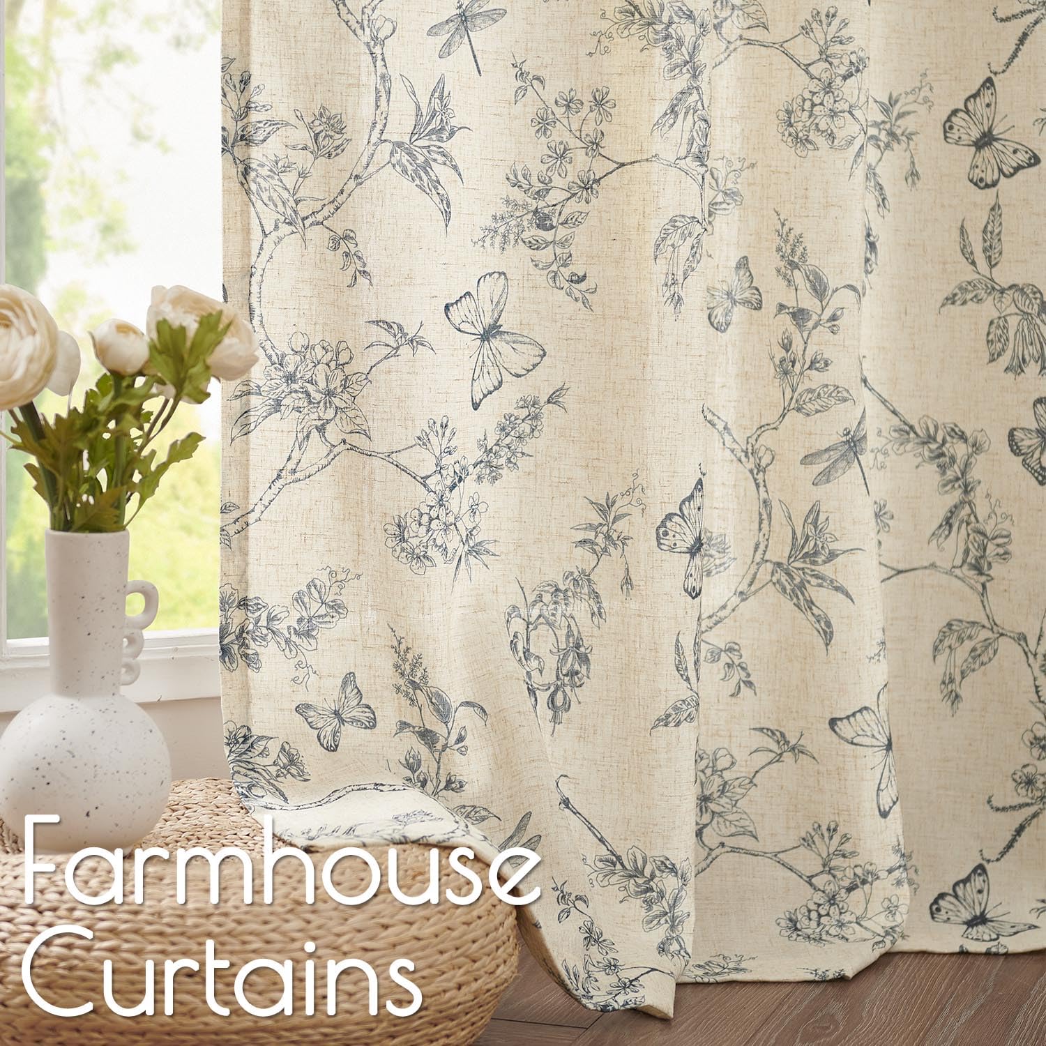 Lazzzy Farmhouse Linen Curtains Blue Floral Curtains 108 Inch Length Back Tab Drapes For Living Room Bedroom Light Filtering Cou