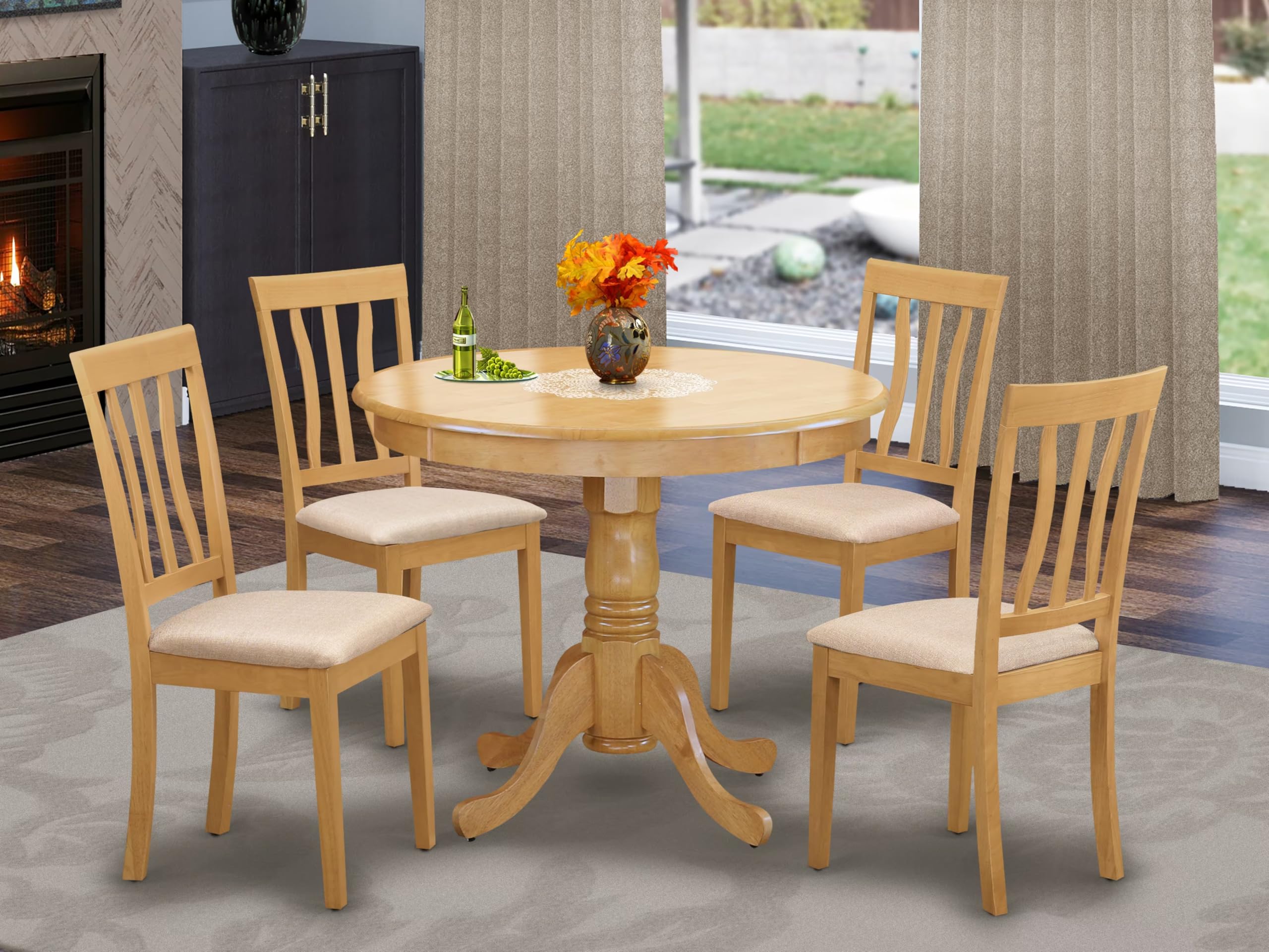 East West Furniture ANTI5-OAK-C 5 Piece Dining Room Table Set Includes a Round Wooden Table with Pedestal and 4 Linen Fabric Kitchen Dining Chairs, 36x36 Inch, Oak